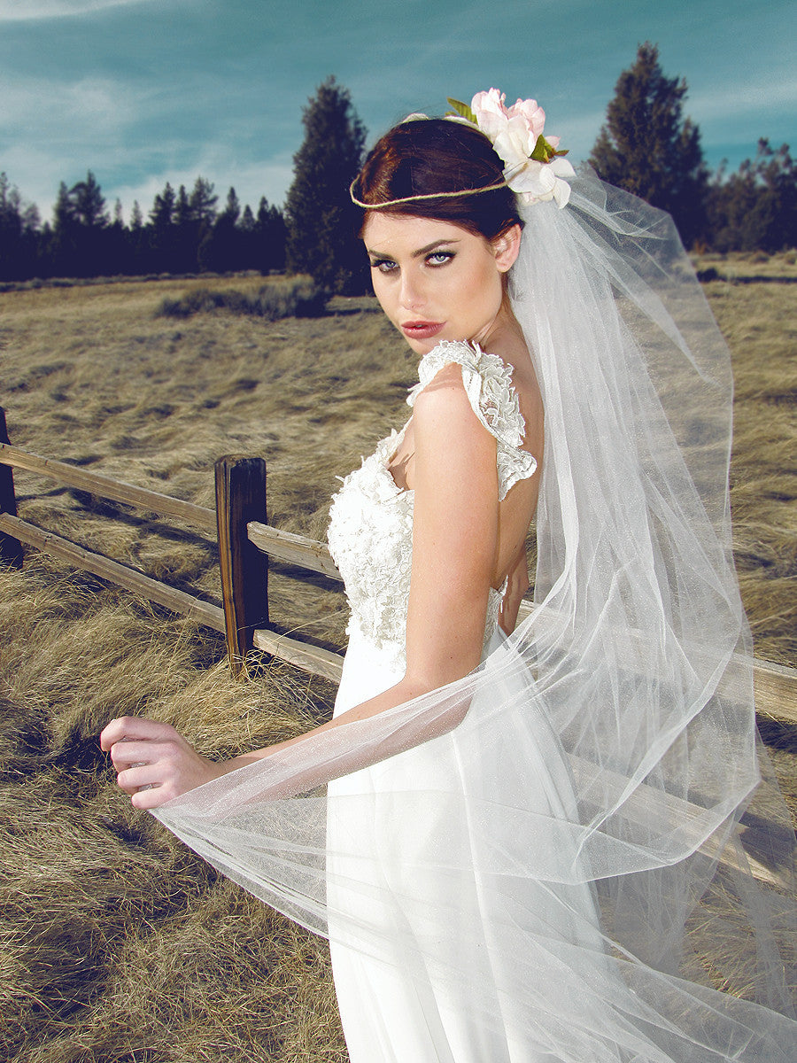 Lauren Elaine Camellia Gown. Lace capped sleeve bridal gown with 3D lace flowers. Romantic, rustic wedding gowns.