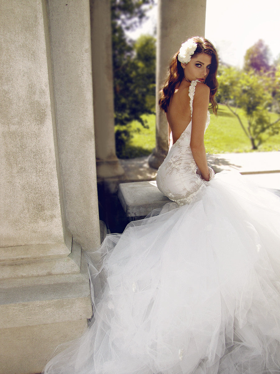 Backless mermaid gown with train. Illusion lace wedding dress.