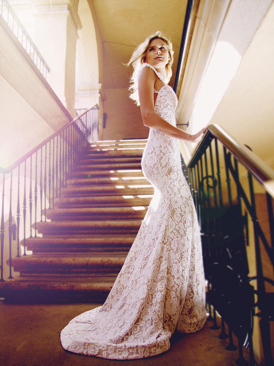 Champagne lace satin trumpet mermaid wedding gown with horsehair braid scalloped hemline. Amara by Lauren Elaine Bridal.