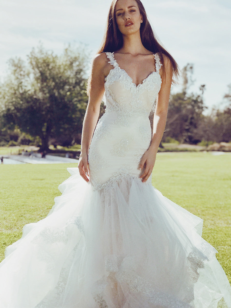 crystal beaded mermaid wedding dress by Lauren Elaine Bridal in Los Angeles