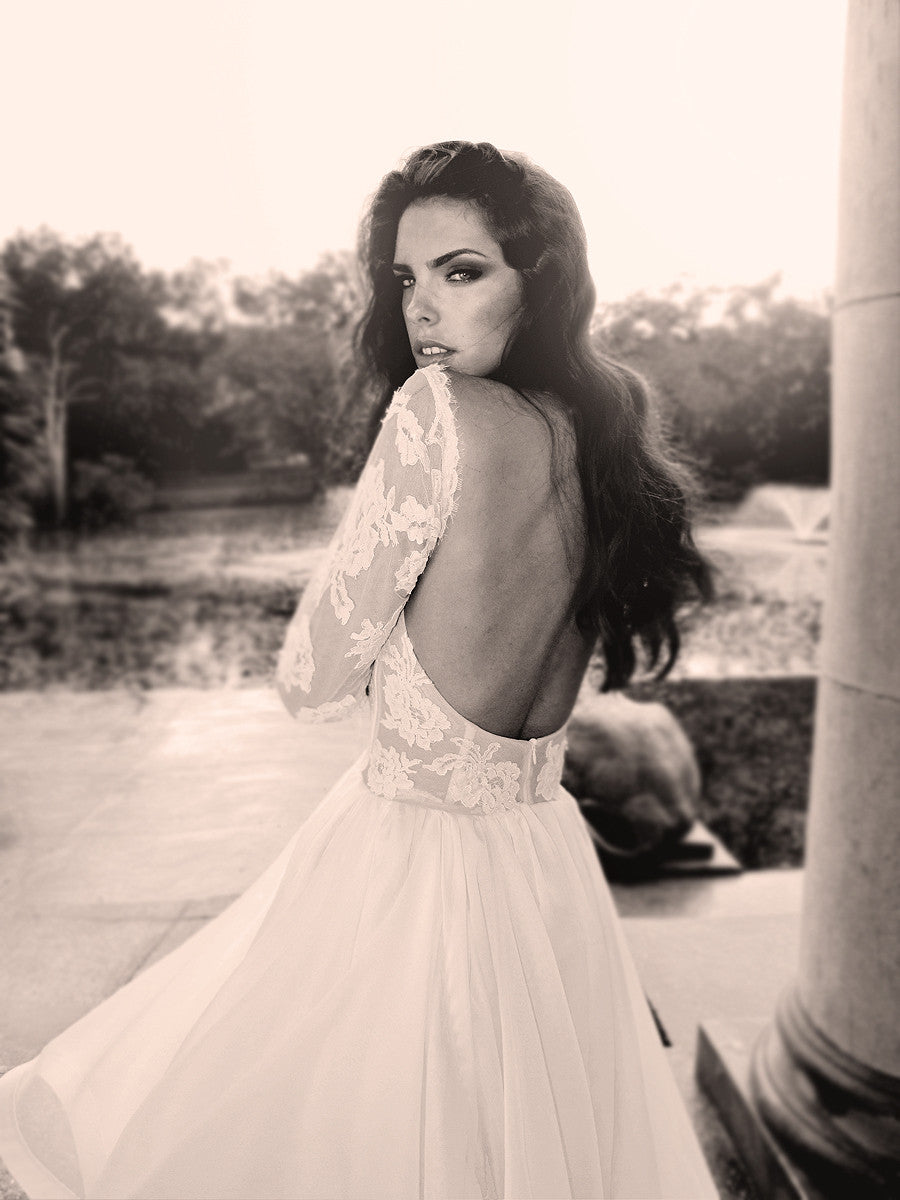 Backless lace wedding gown. Elise by Lauren Elaine Bridal.