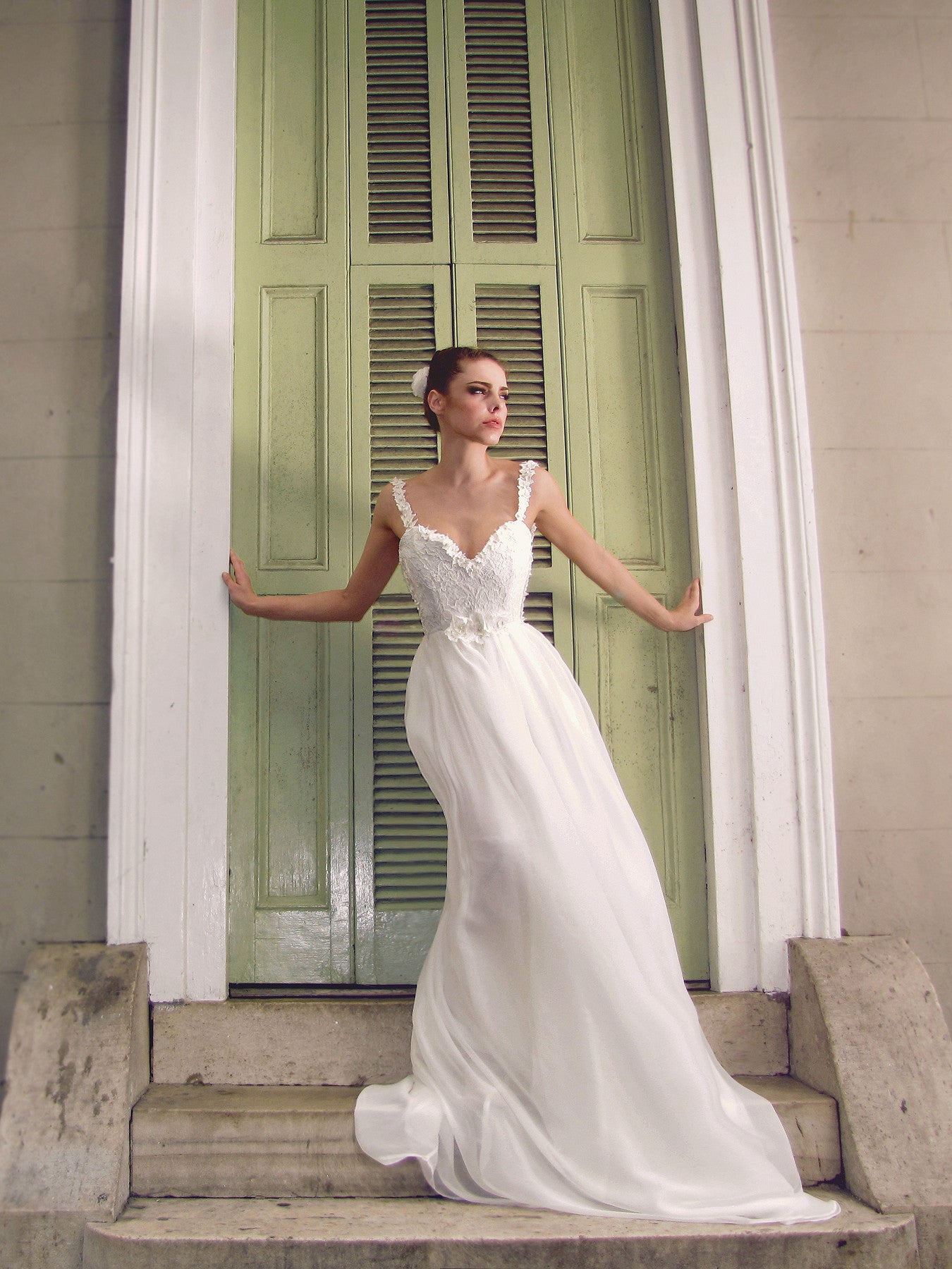 A-line chiffon lace illusion backless wedding gown. Cosette by Lauren Elaine Bridal.