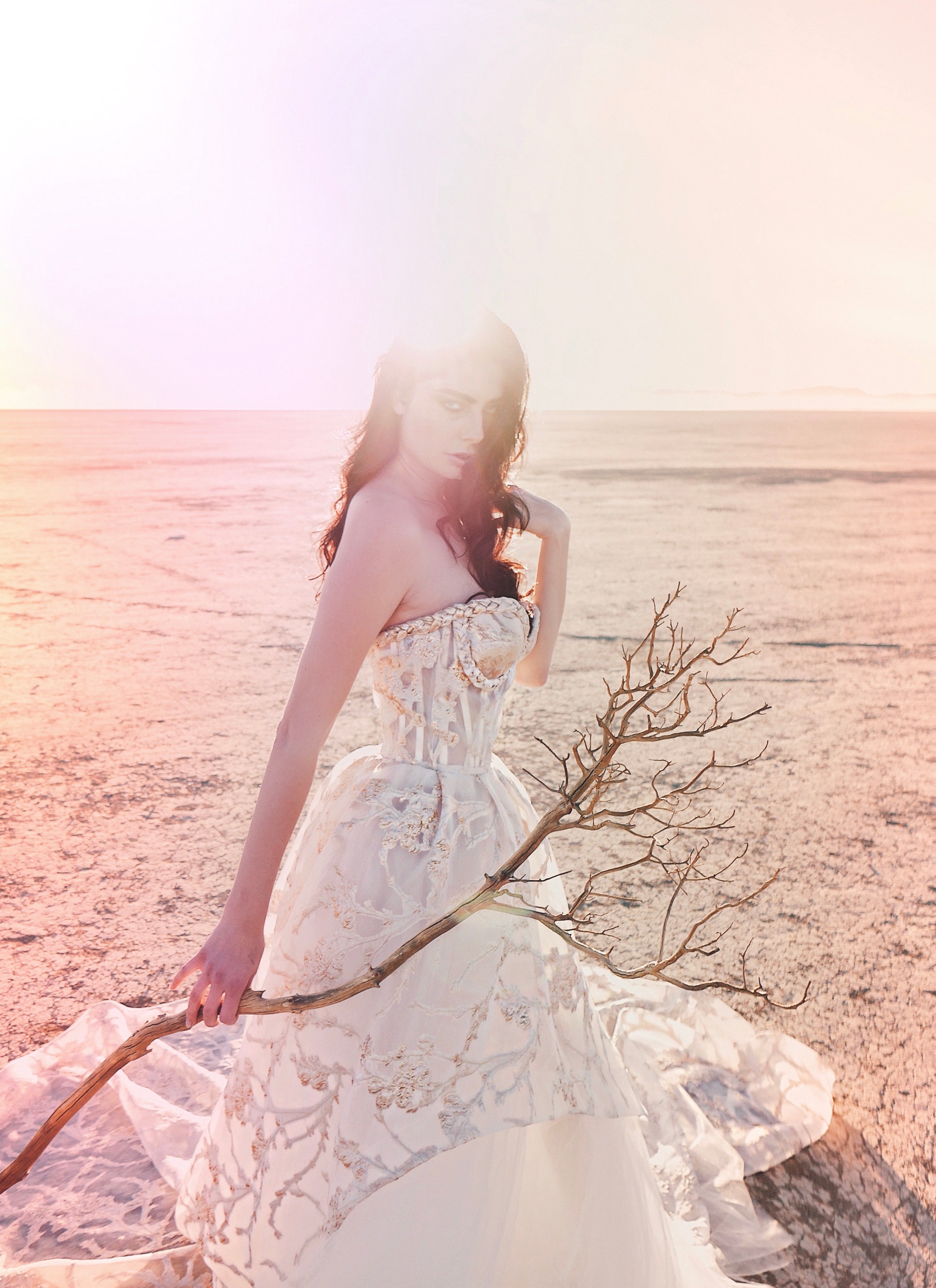 Closeup of sheer corset bodice wedding dress shot in desert