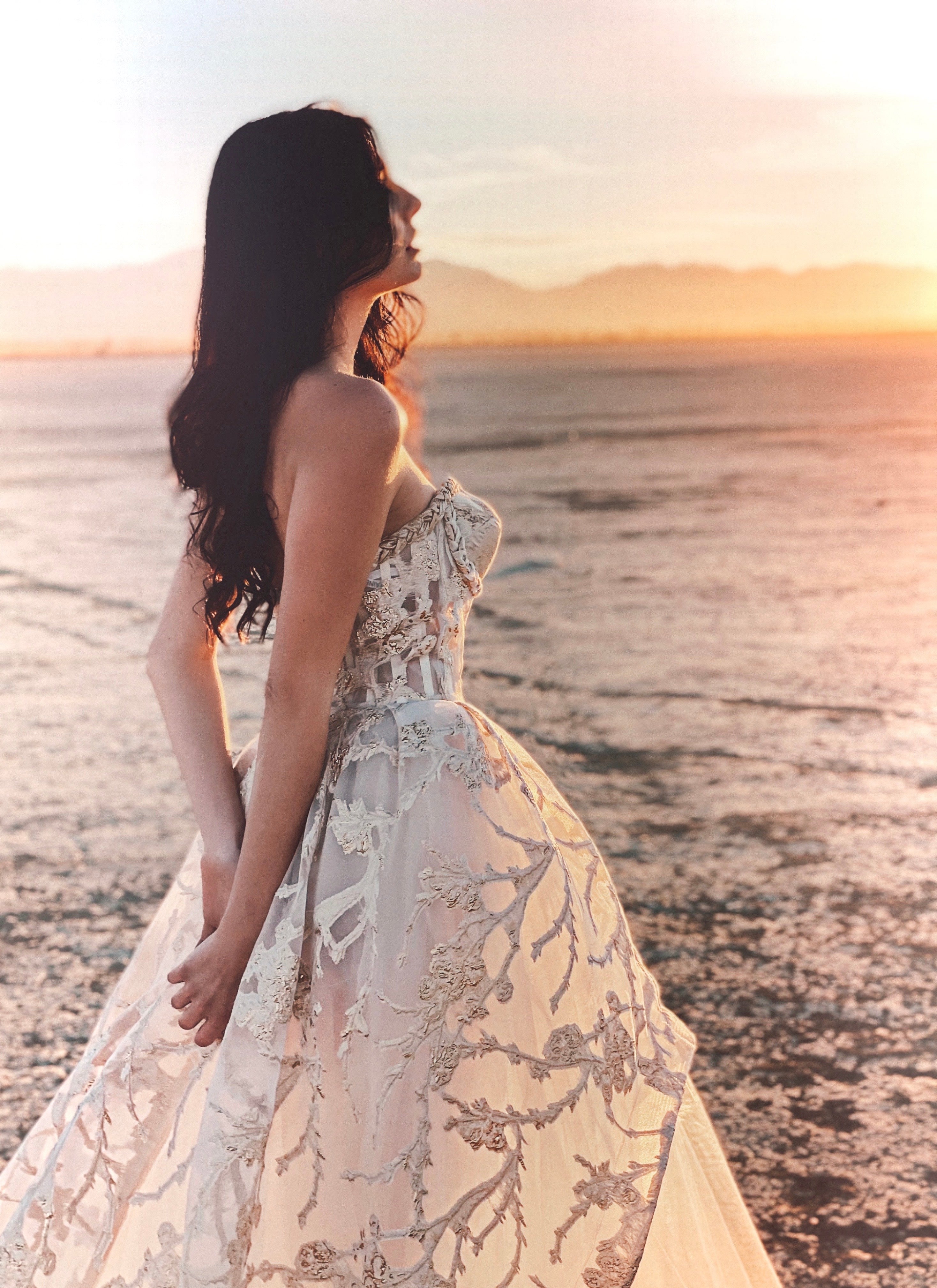 Closeup of back of gold bustier wedding dress