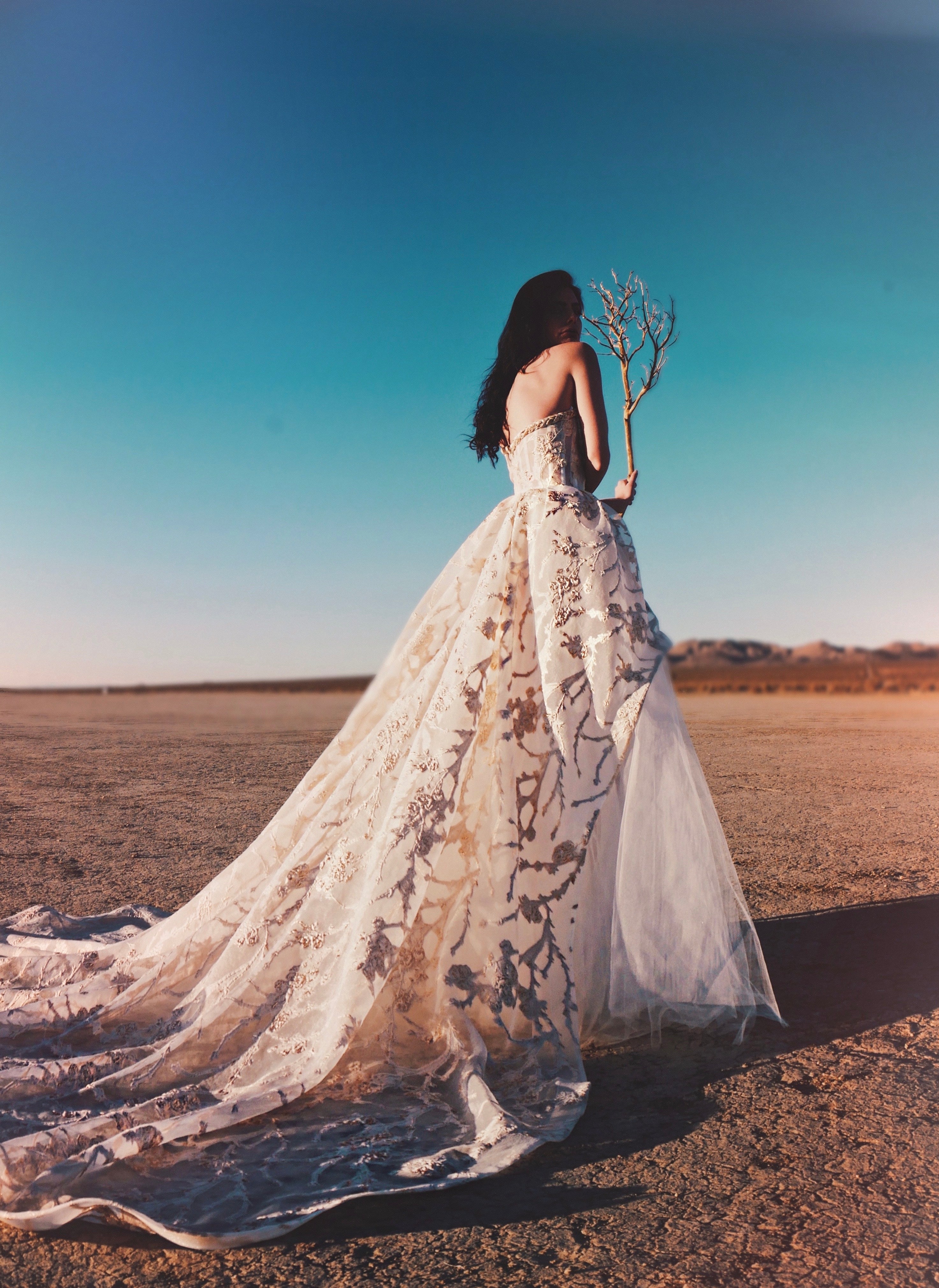 White and gold corset dress with long train