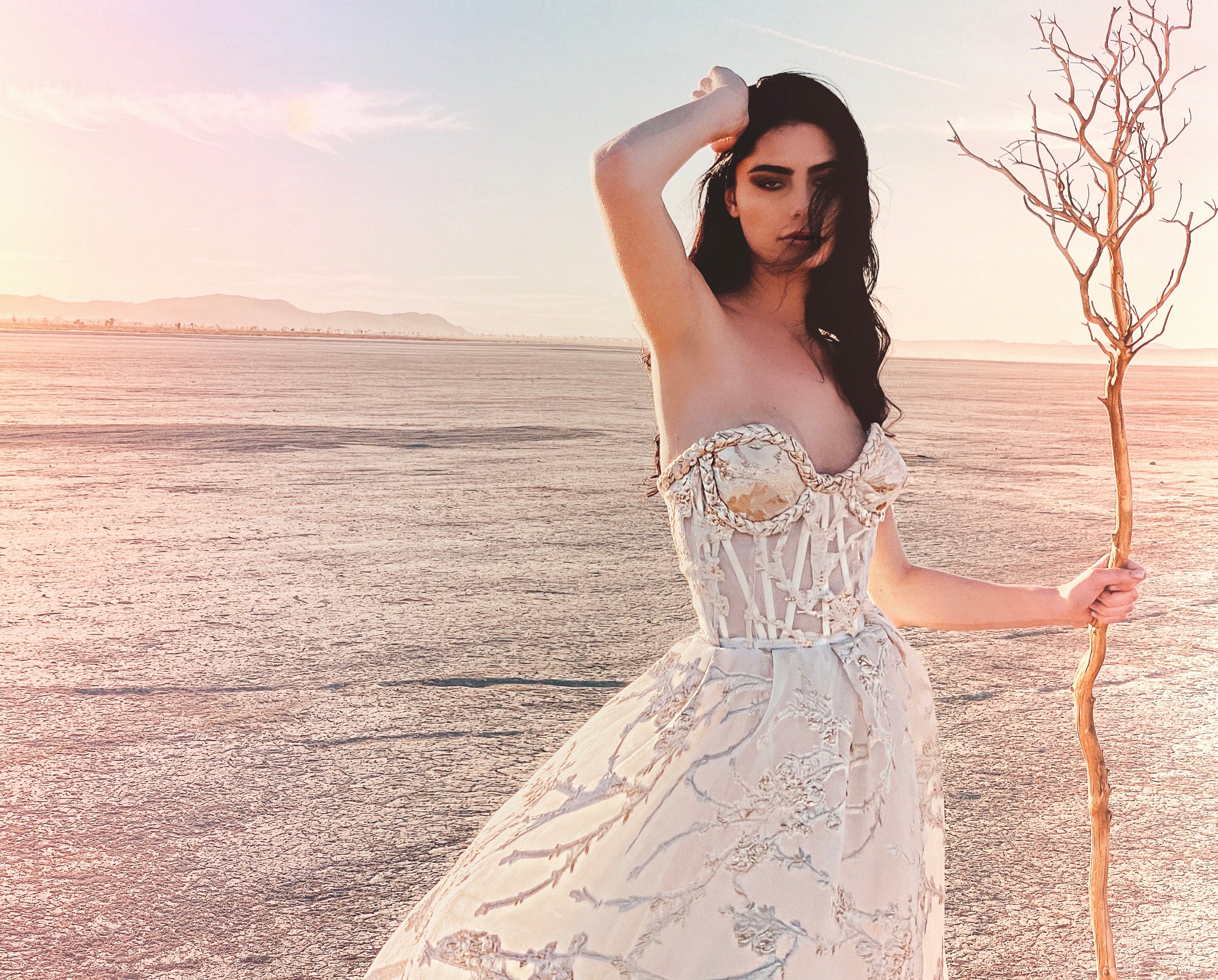 Closeup of bustier dress with ballgown skirt for December wedding dress ideas