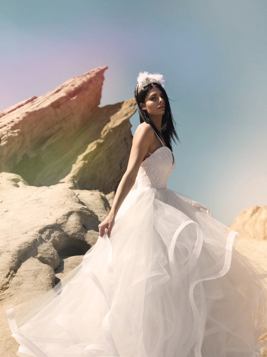 Bijou by Lauren Elaine Bridal sequin wedding dress with horsehair petals