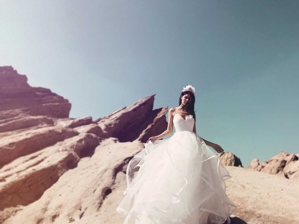 Fairytale sequin wedding dress with horsehair petals and full tulle skirt by Lauren Elaine