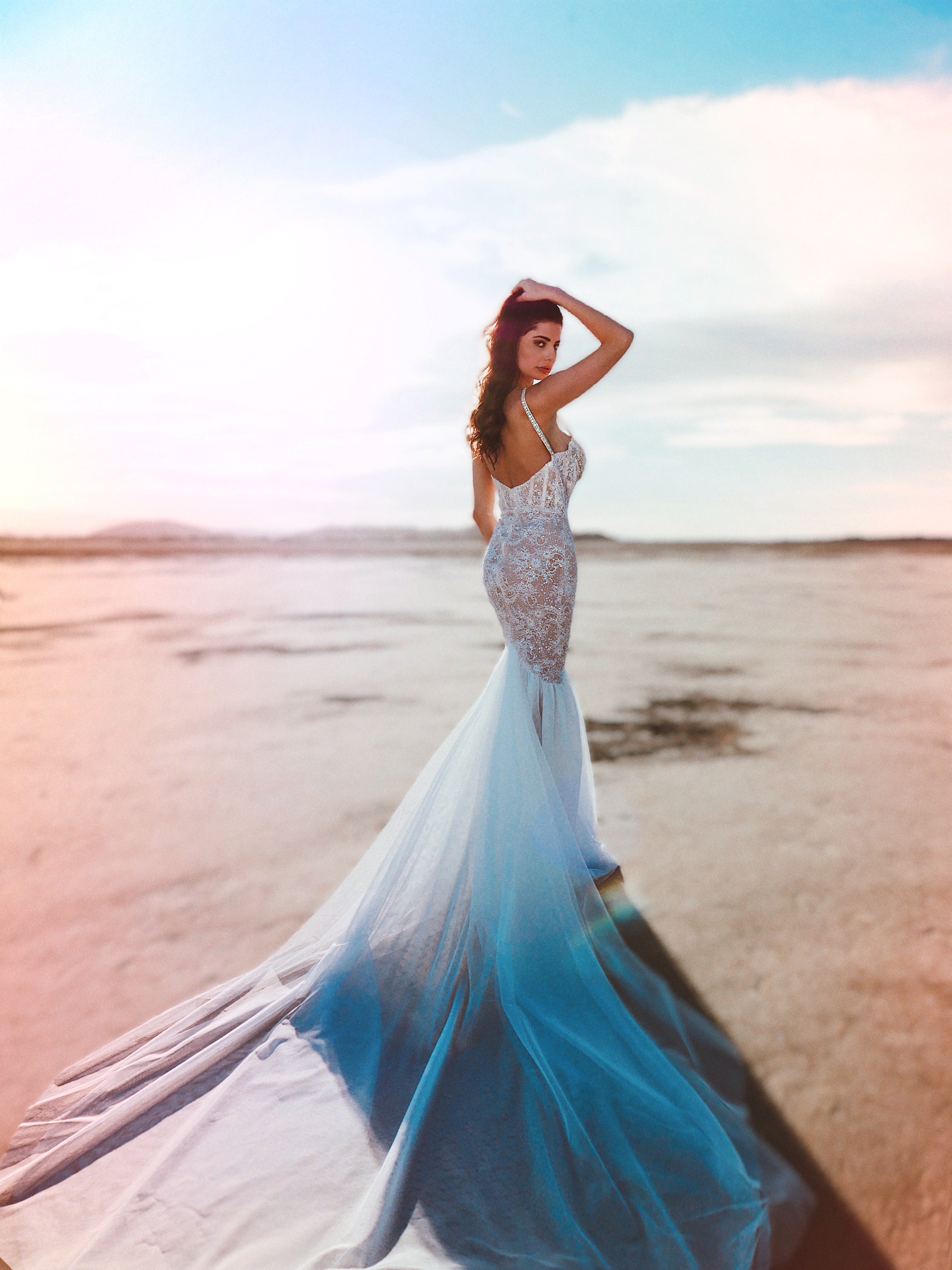Illusion lace mermaid wedding dress in desert wedding