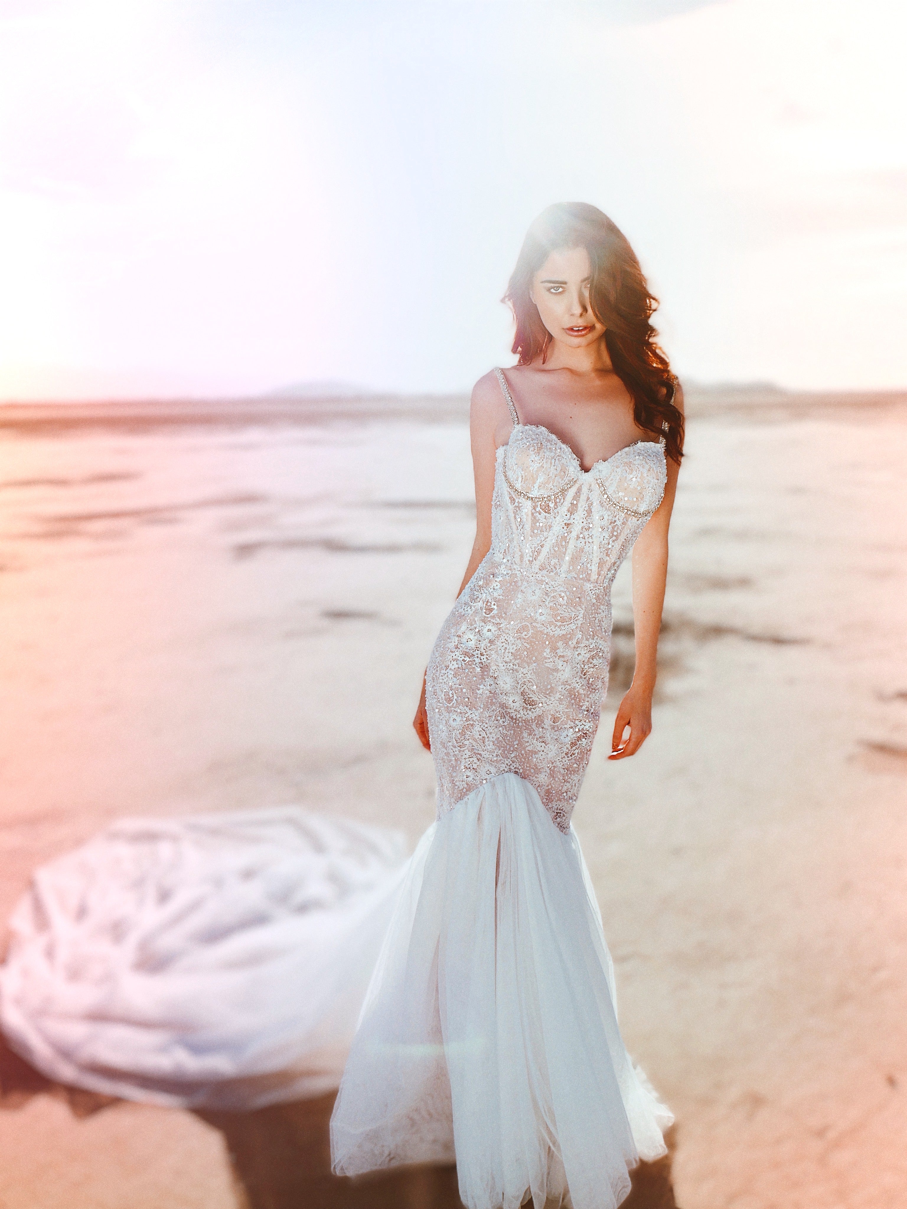 Bustier wedding dress with straps in desert