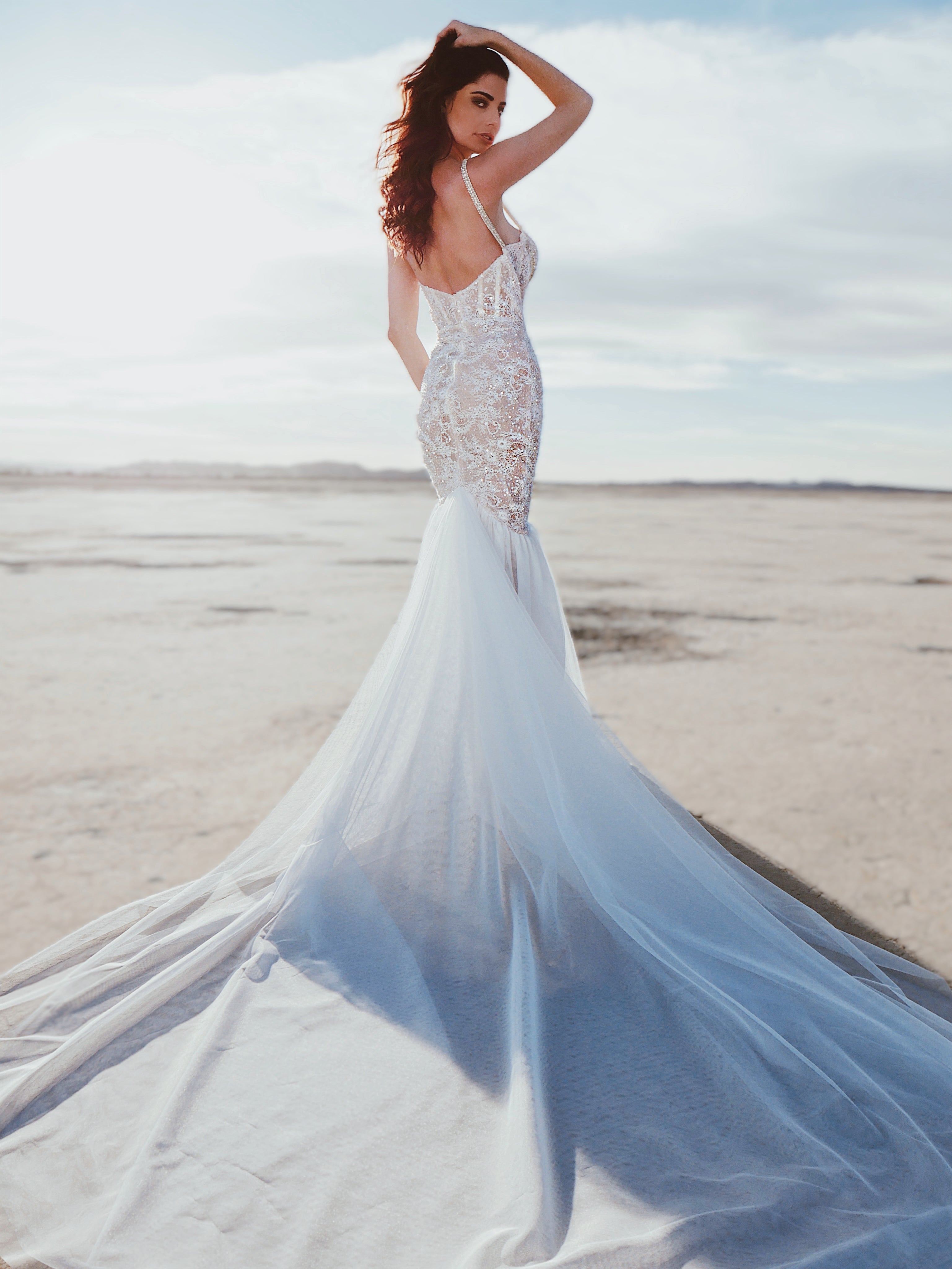Back shot of sexy wedding dress shot in desert