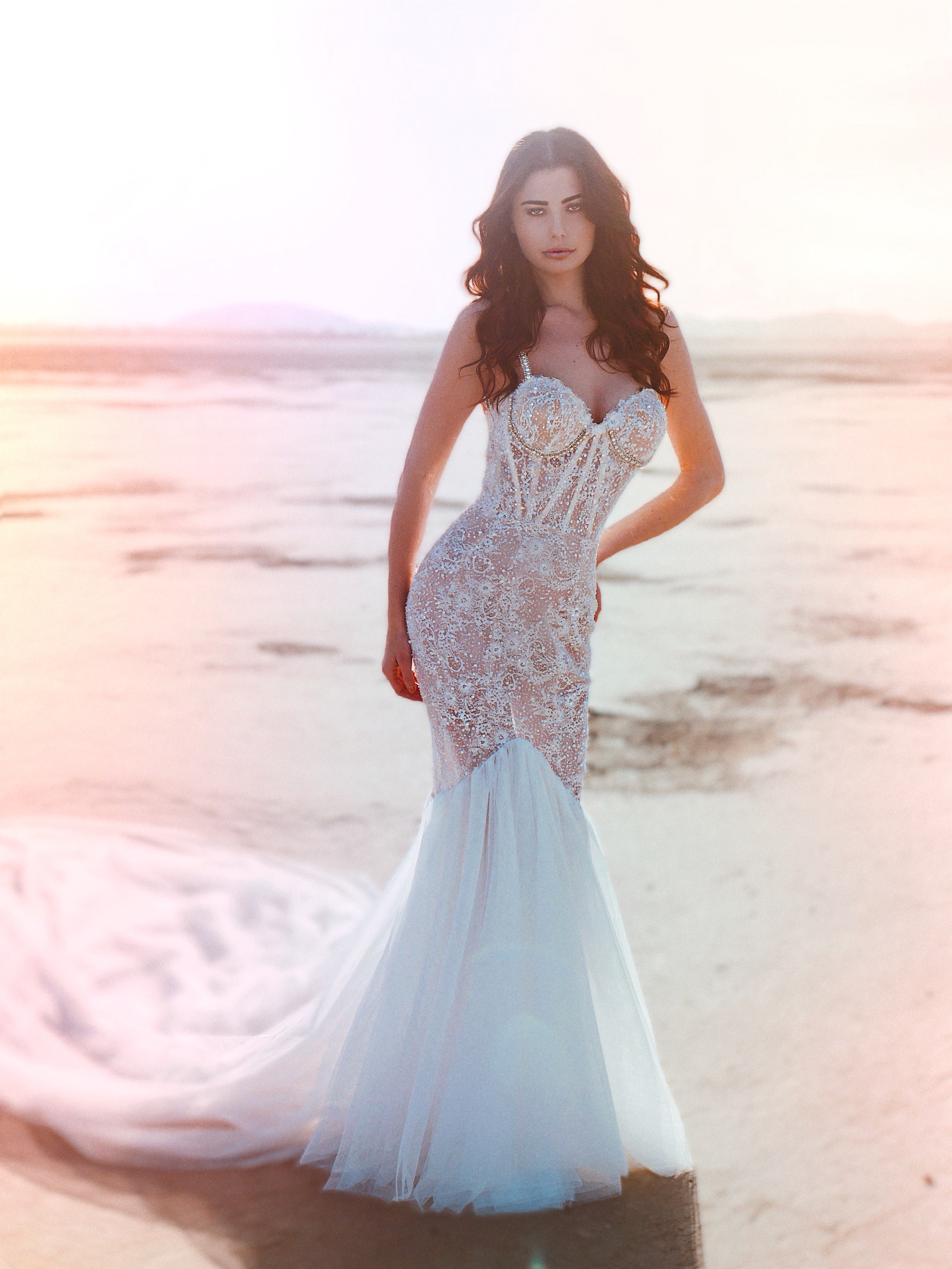 Illusion lace wedding dress with mesh skirt in desert