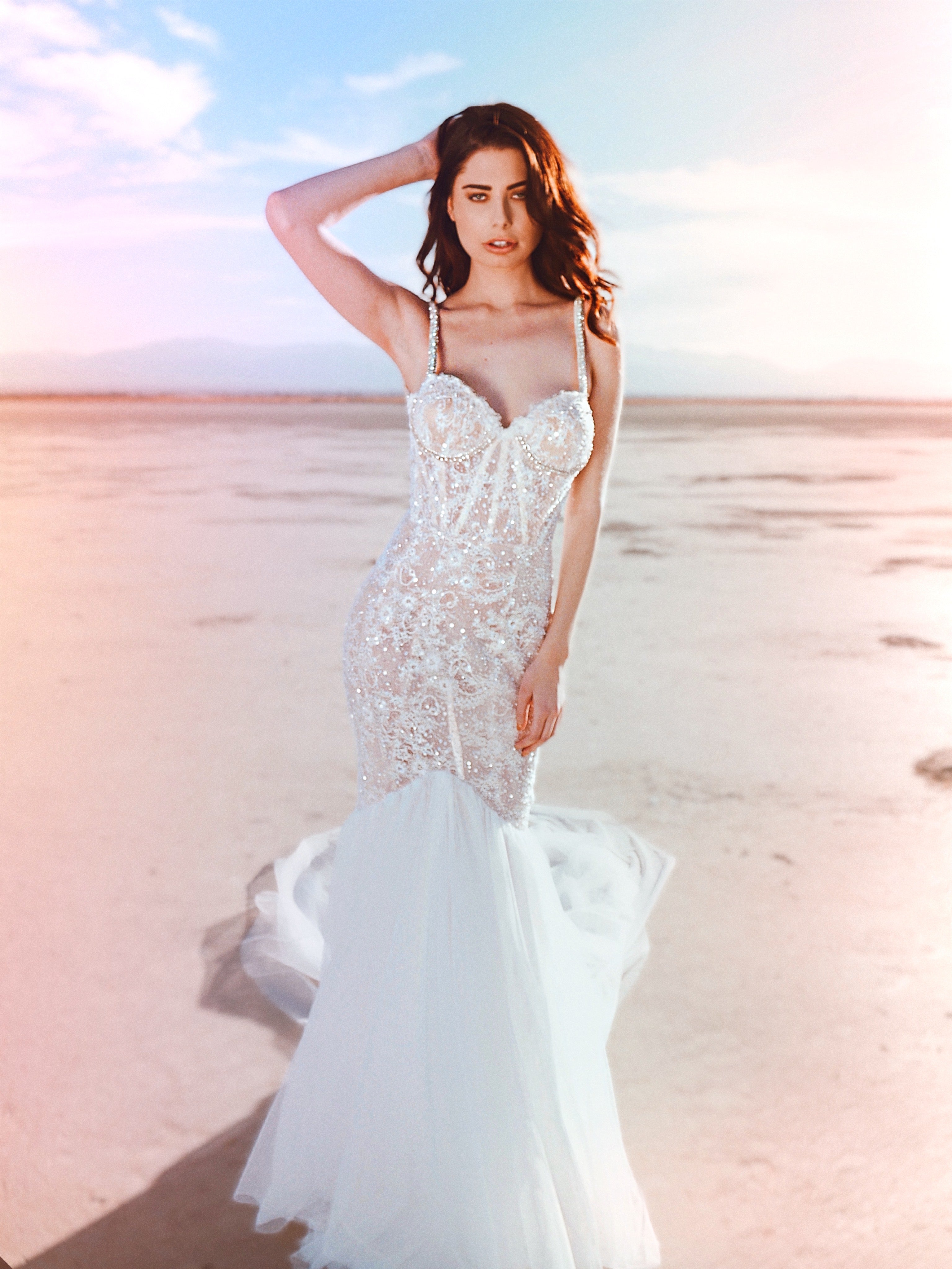 Back lit shot of wedding dress corset top