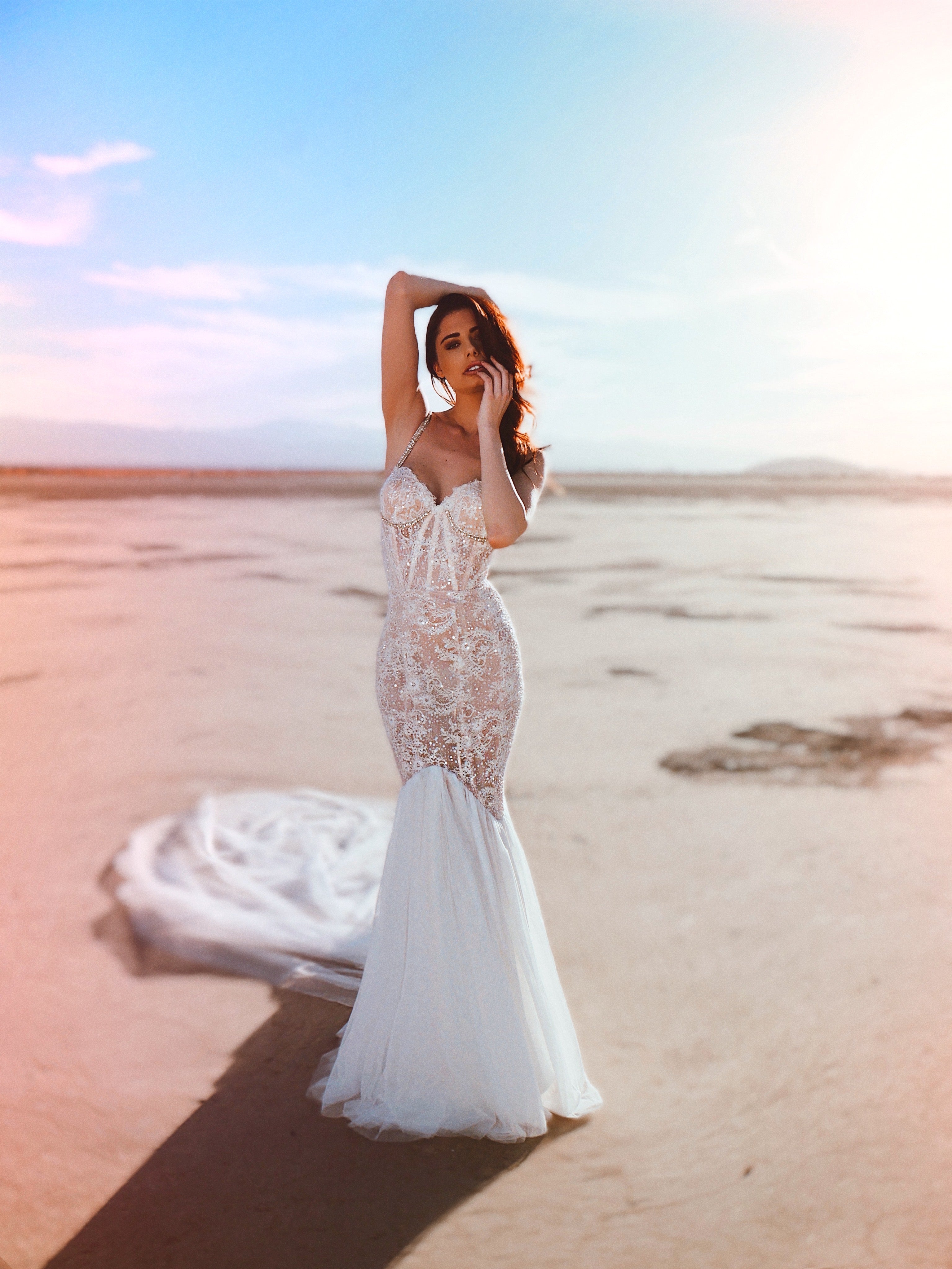 Wide shot of lace illusion mermaid wedding dress with long train