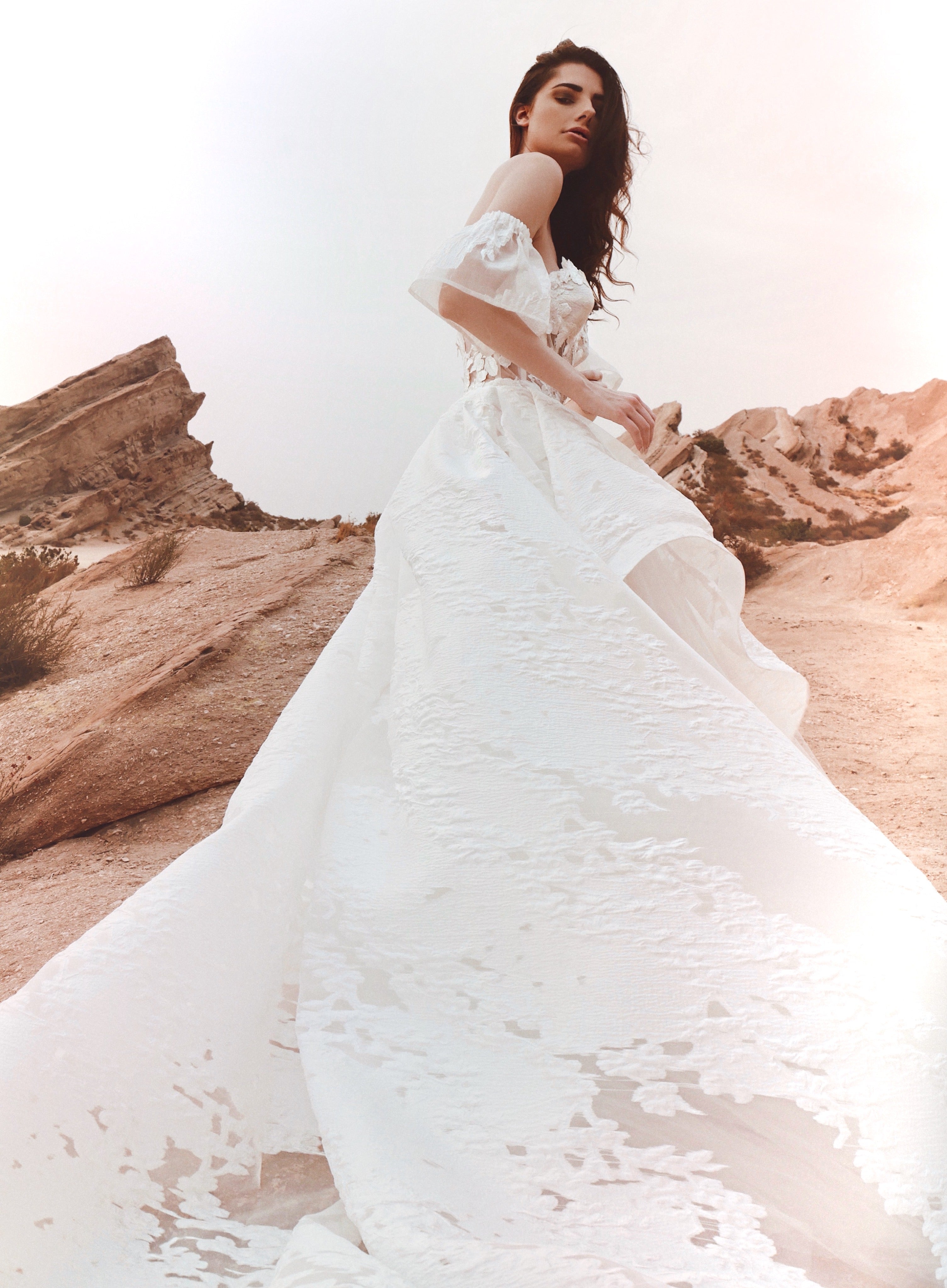 A model poses in the Lauren Elaine Dove brocade floral organza corset wedding gown.