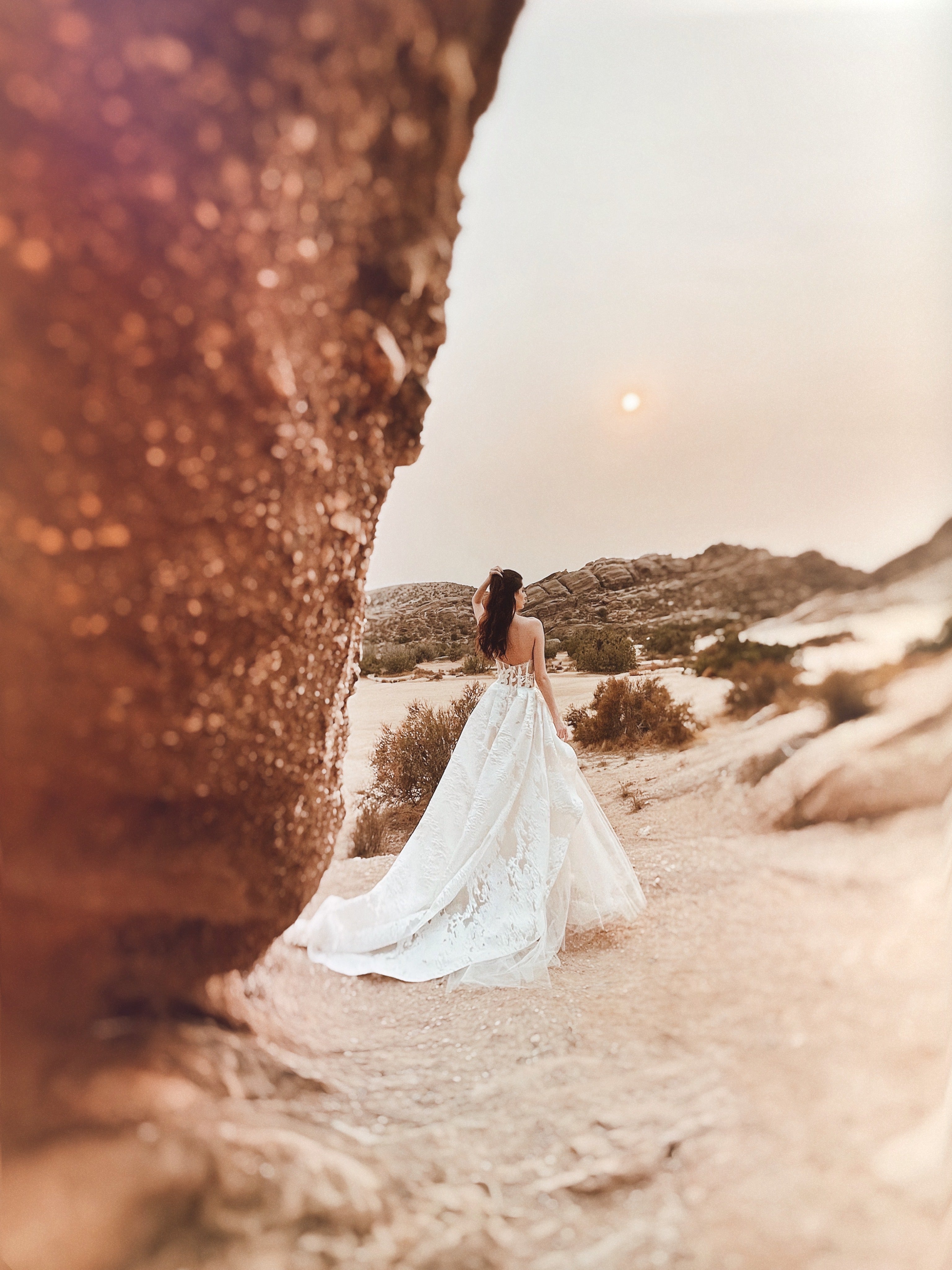 Wide shot of a brocade floral organza corset wedding gown at Vasquez Rocks, Ca.