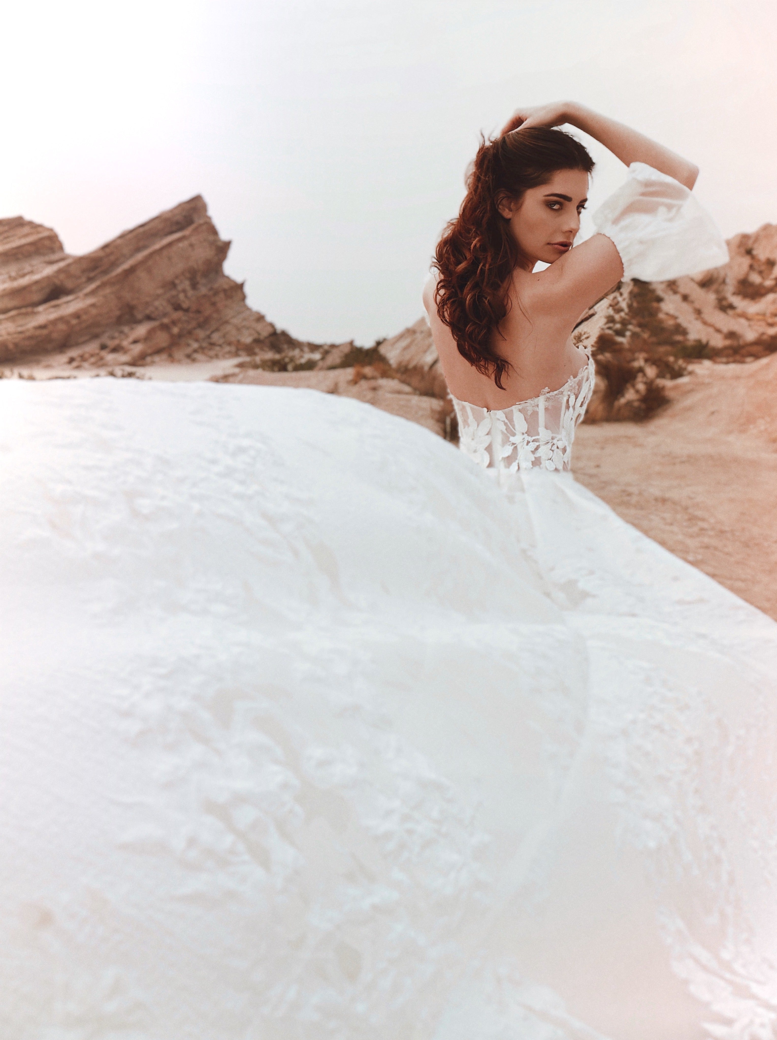 A model poses from the back in the Lauren Elaine Dove brocade floral organza corset wedding gown.