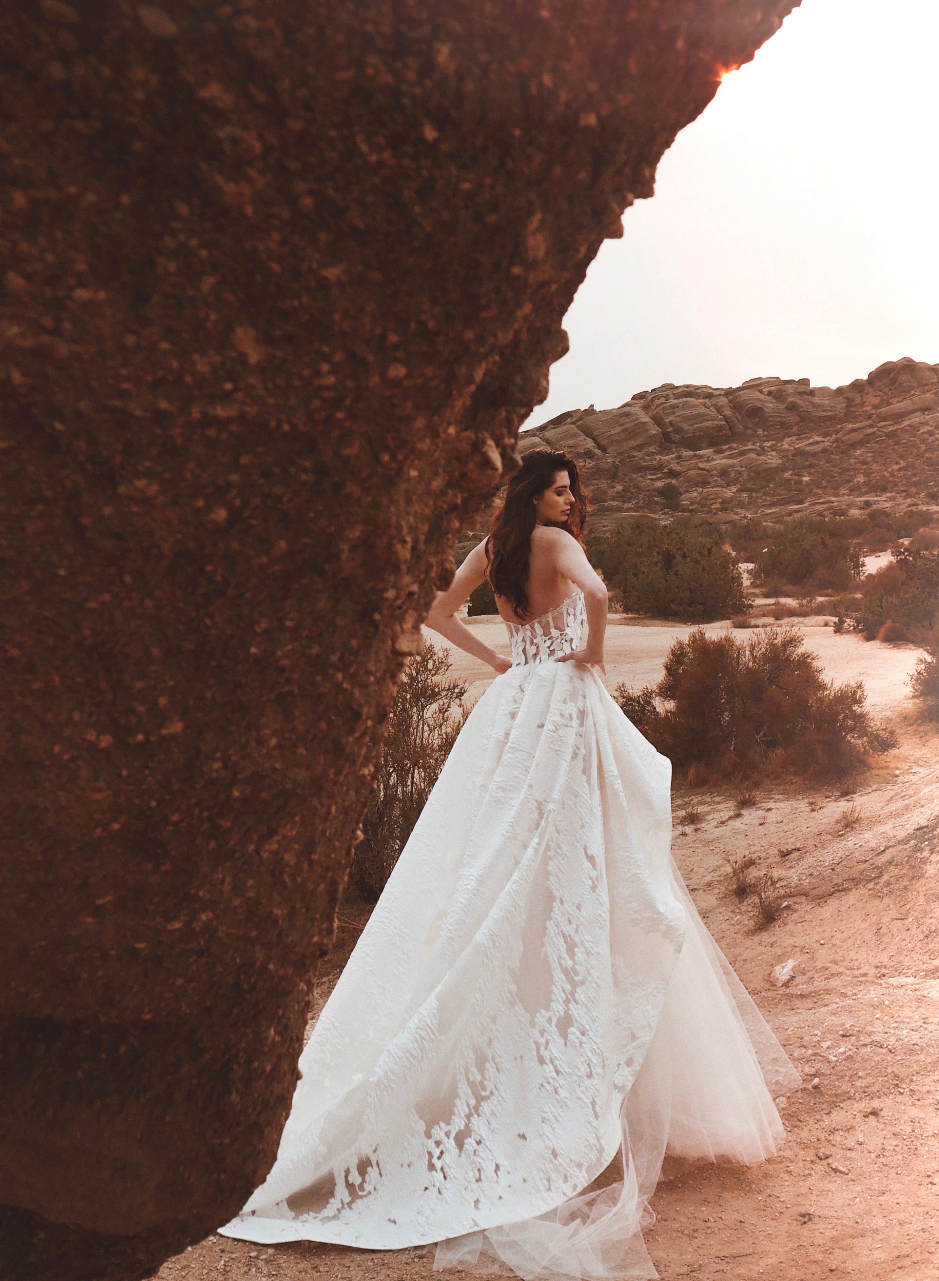 Back view of a brocade floral organza corset wedding gown.