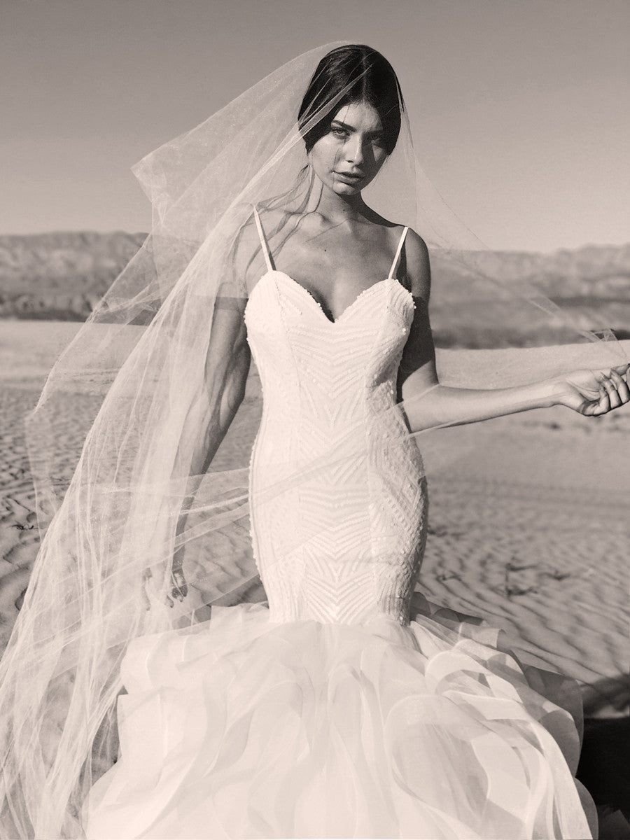 sequin mermaid wedding dress with sweetheart bodice and spaghetti straps by Lauren Elaine.