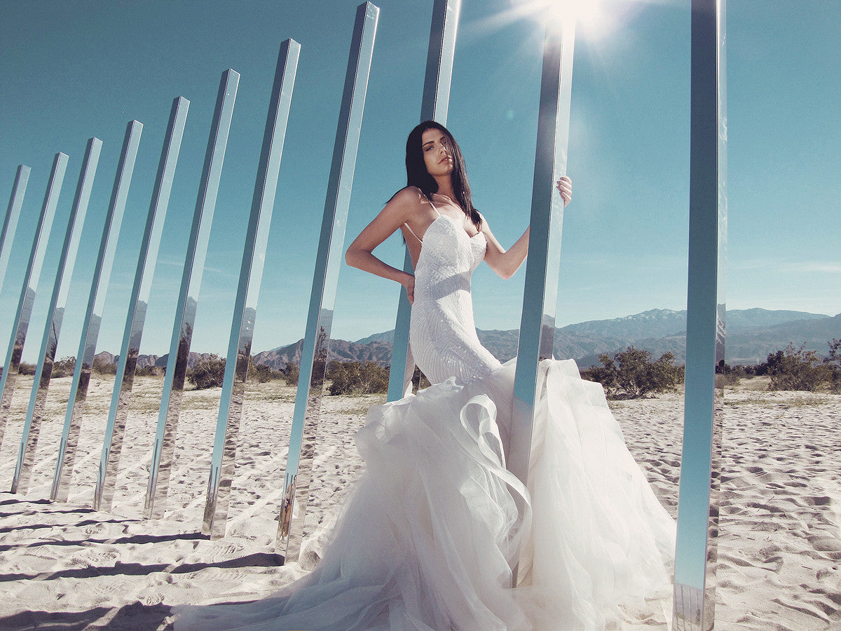 Glamorous sequin mermaid wedding dress with detachable cathedral train