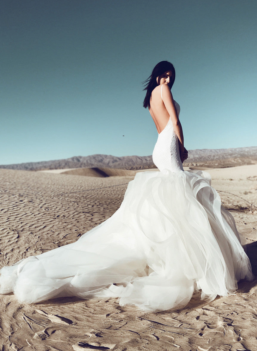 sequin mermaid wedding dress with open back and detachable cathedral train