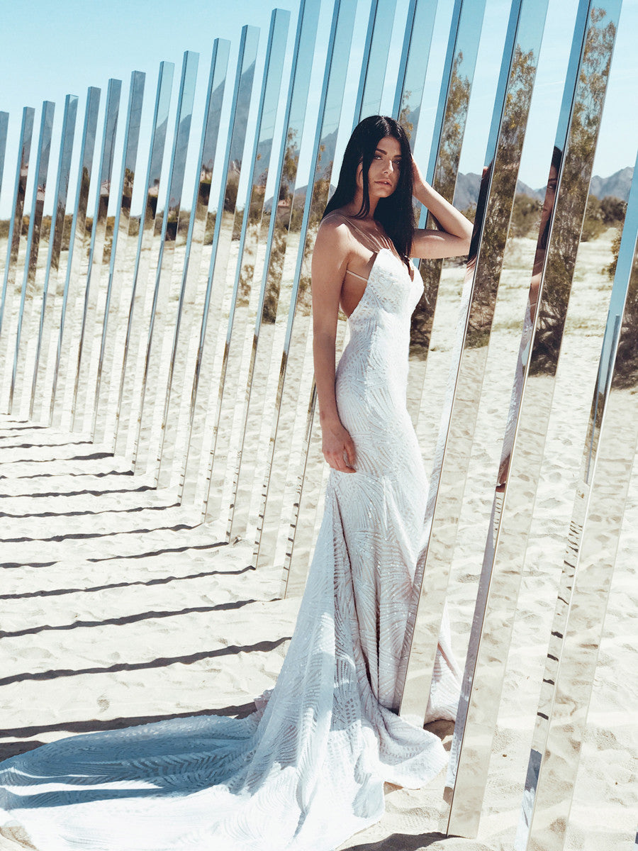 Prism by Lauren Elaine backless sequin wedding dress photographed at Desert X art exhibit