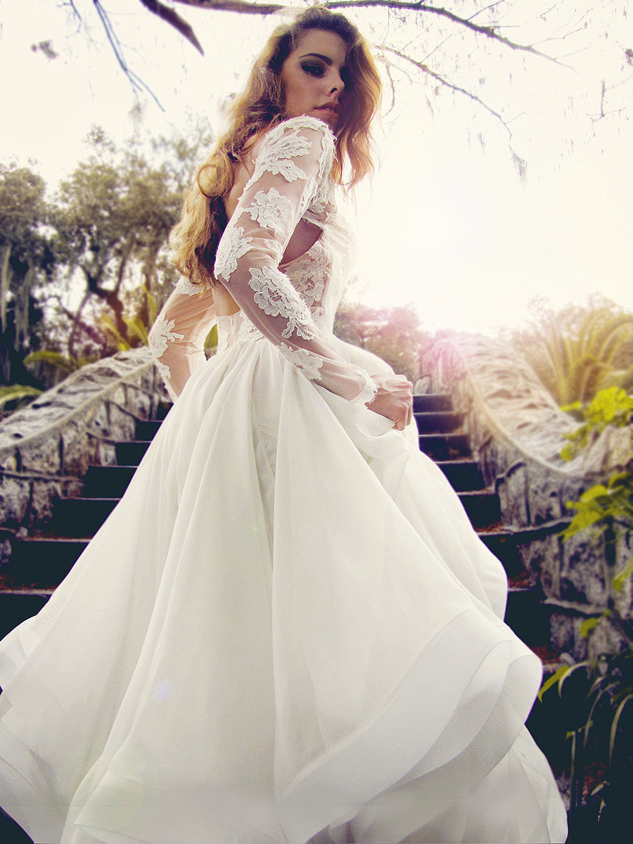 Long-Sleeve Illusion Lace Wedding Dress