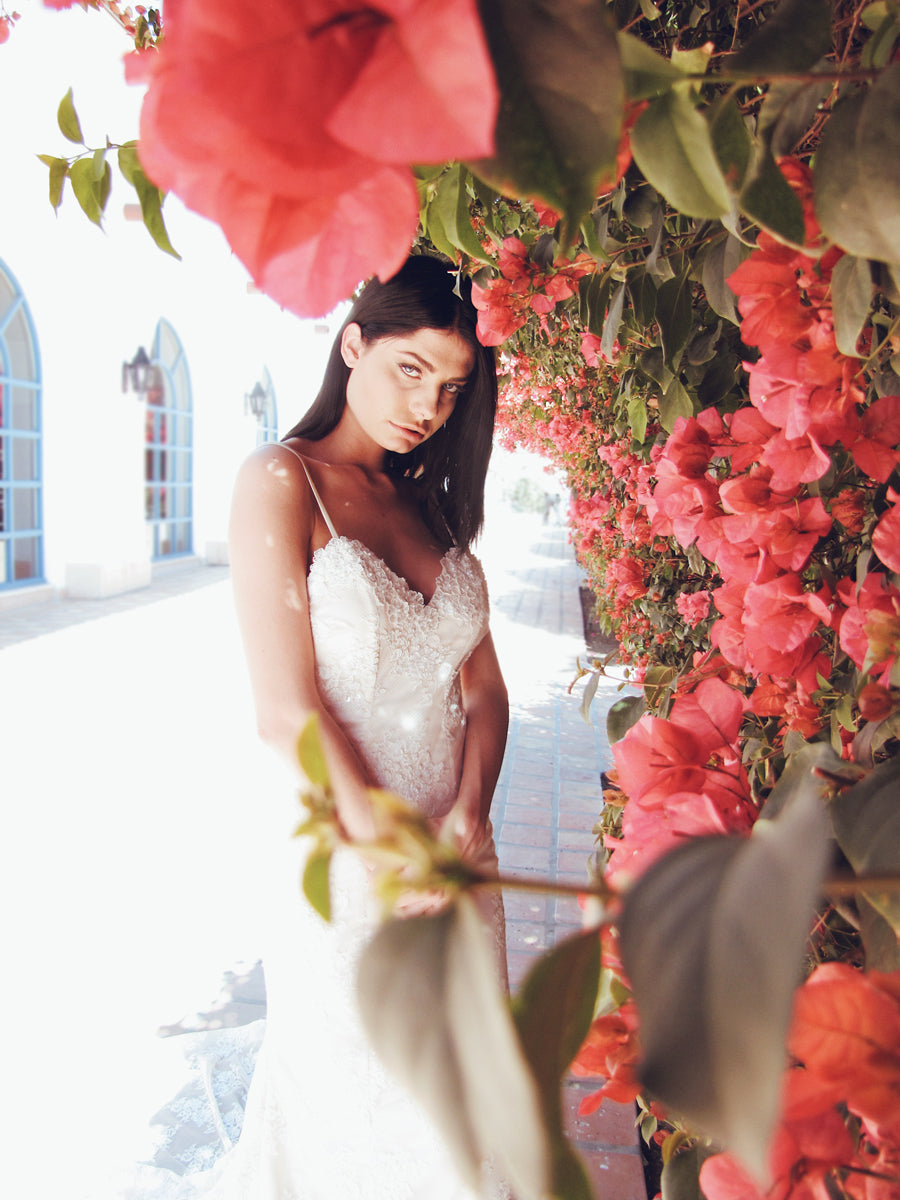 Sparkling lace mermaid trumpet silhouette wedding dress with cathedral train