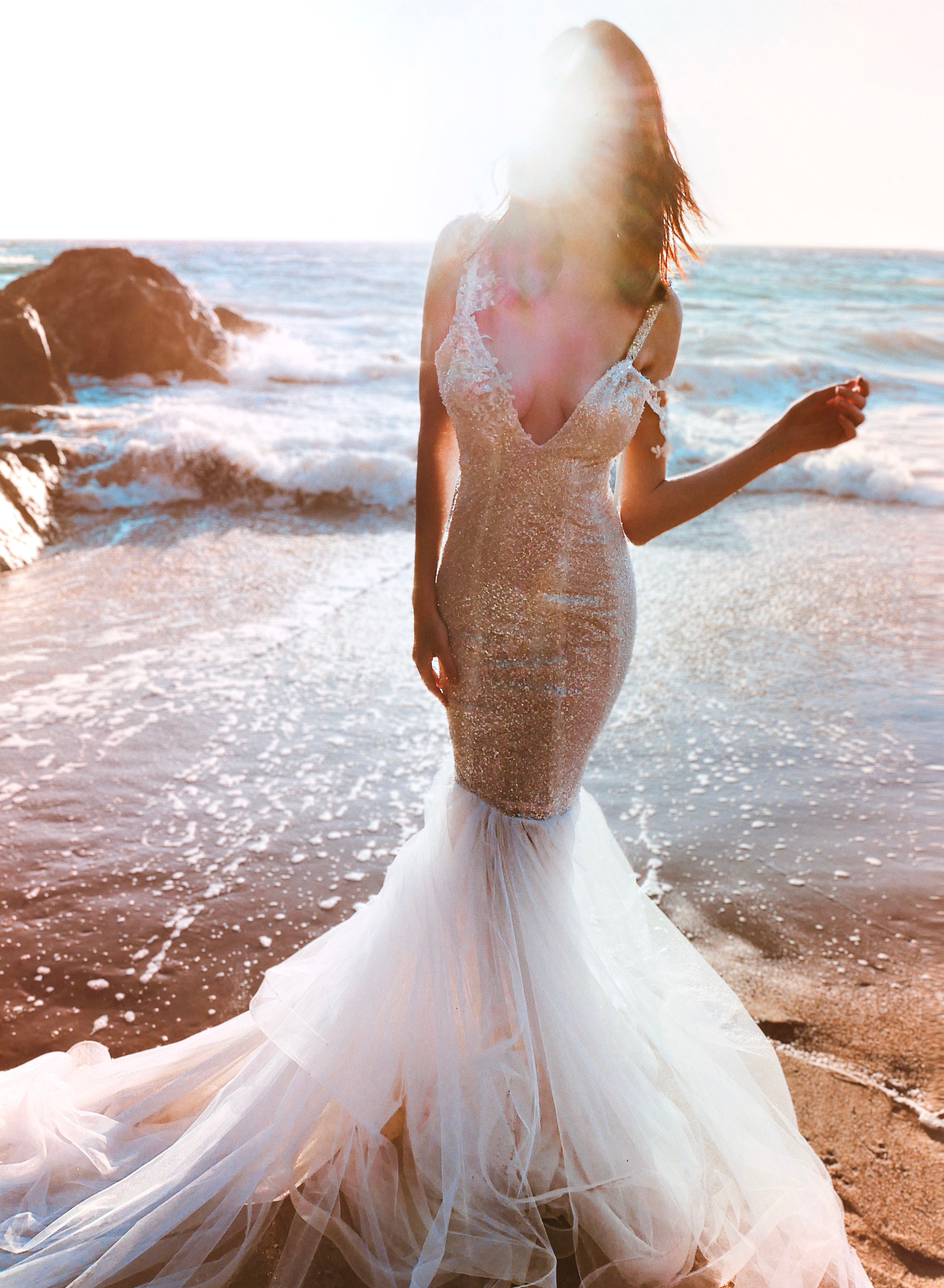 Lauren Elaine Lustra Beaded Illusion Sparkle Beach Wedding Dress