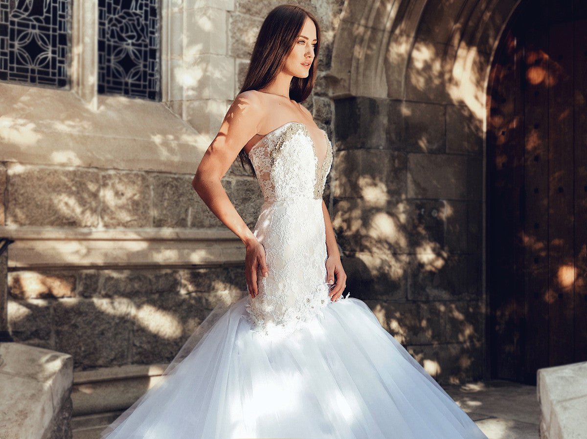 illusion crystal deep v mermaid gown lace floral details