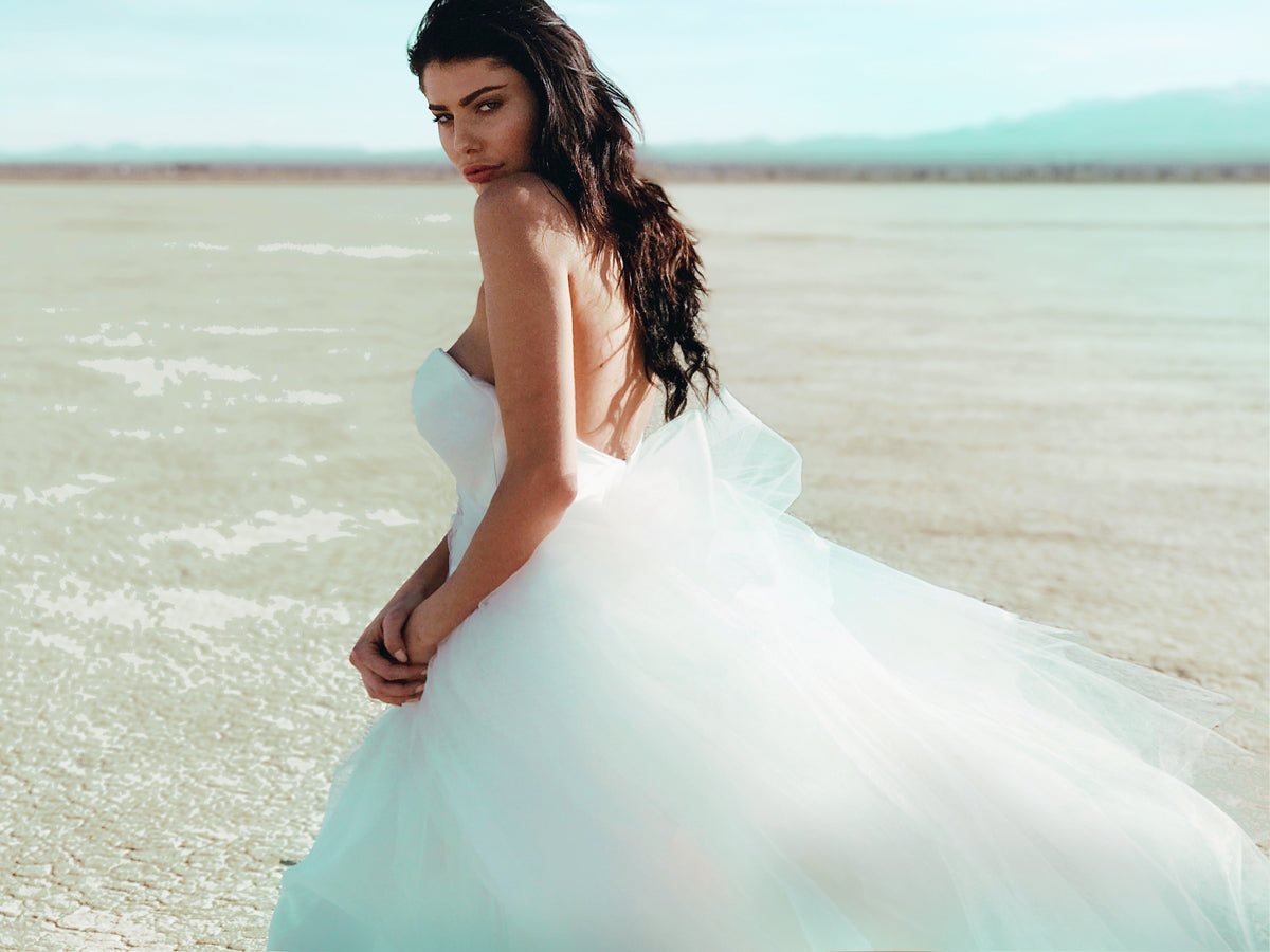 Side shot of strapless tulle ballgown wedding dress in desert background