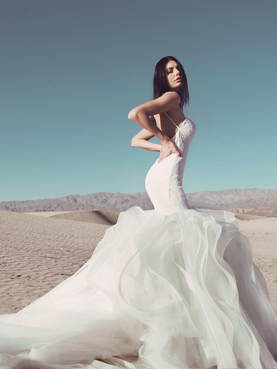 Lucite sequin mermaid wedding dress with detachable cathedral train by Lauren Elaine Bridal