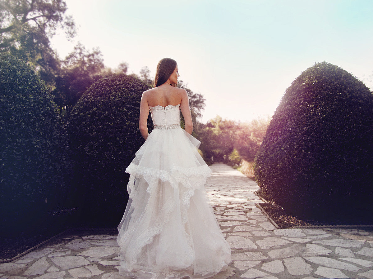 strapless vintage bohemian ethereal halcyon gown wedding dress lace peplum horsehair hem lauren elaine bridal