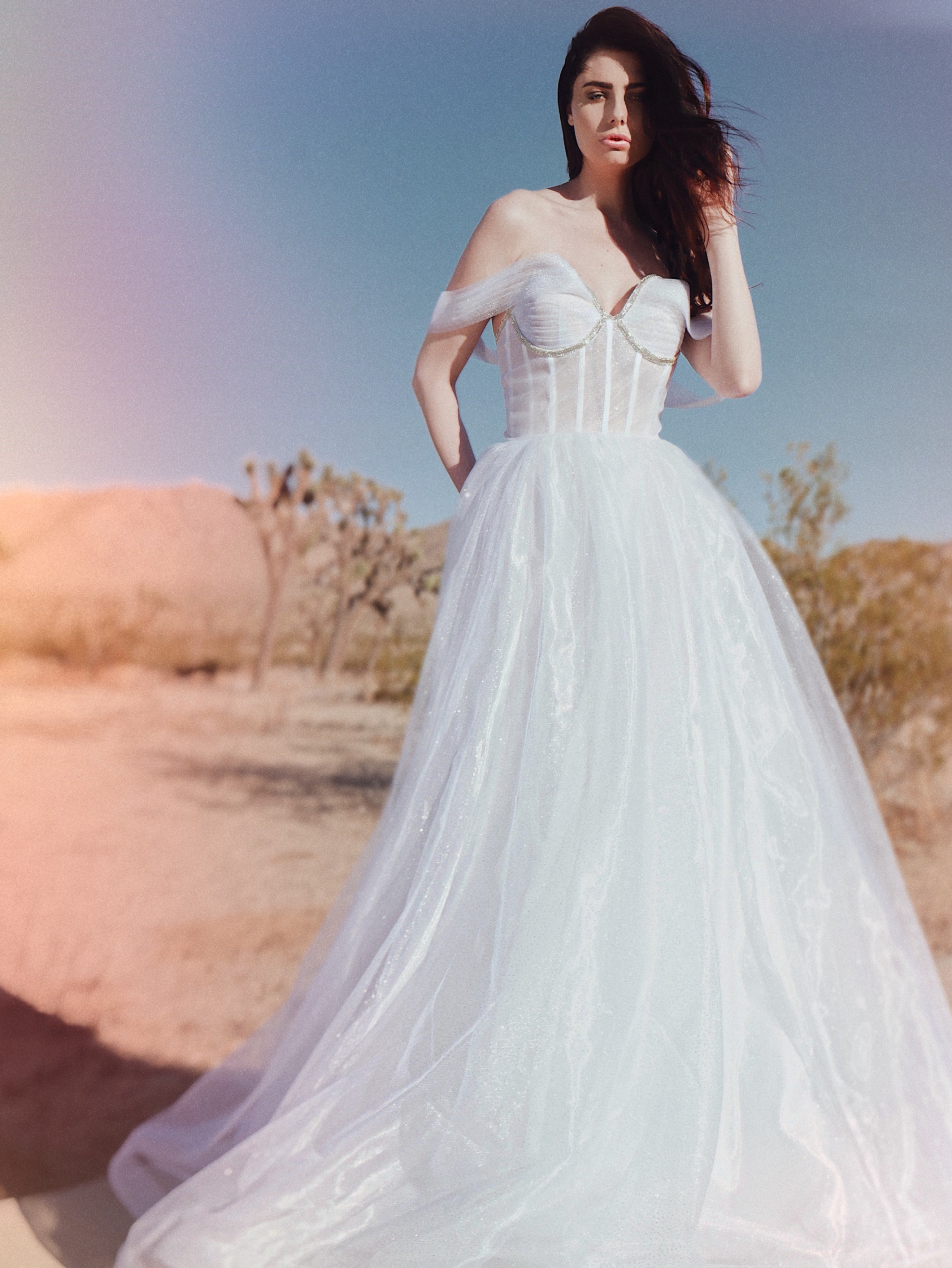 Sparkle corset wedding dress with model touching hair