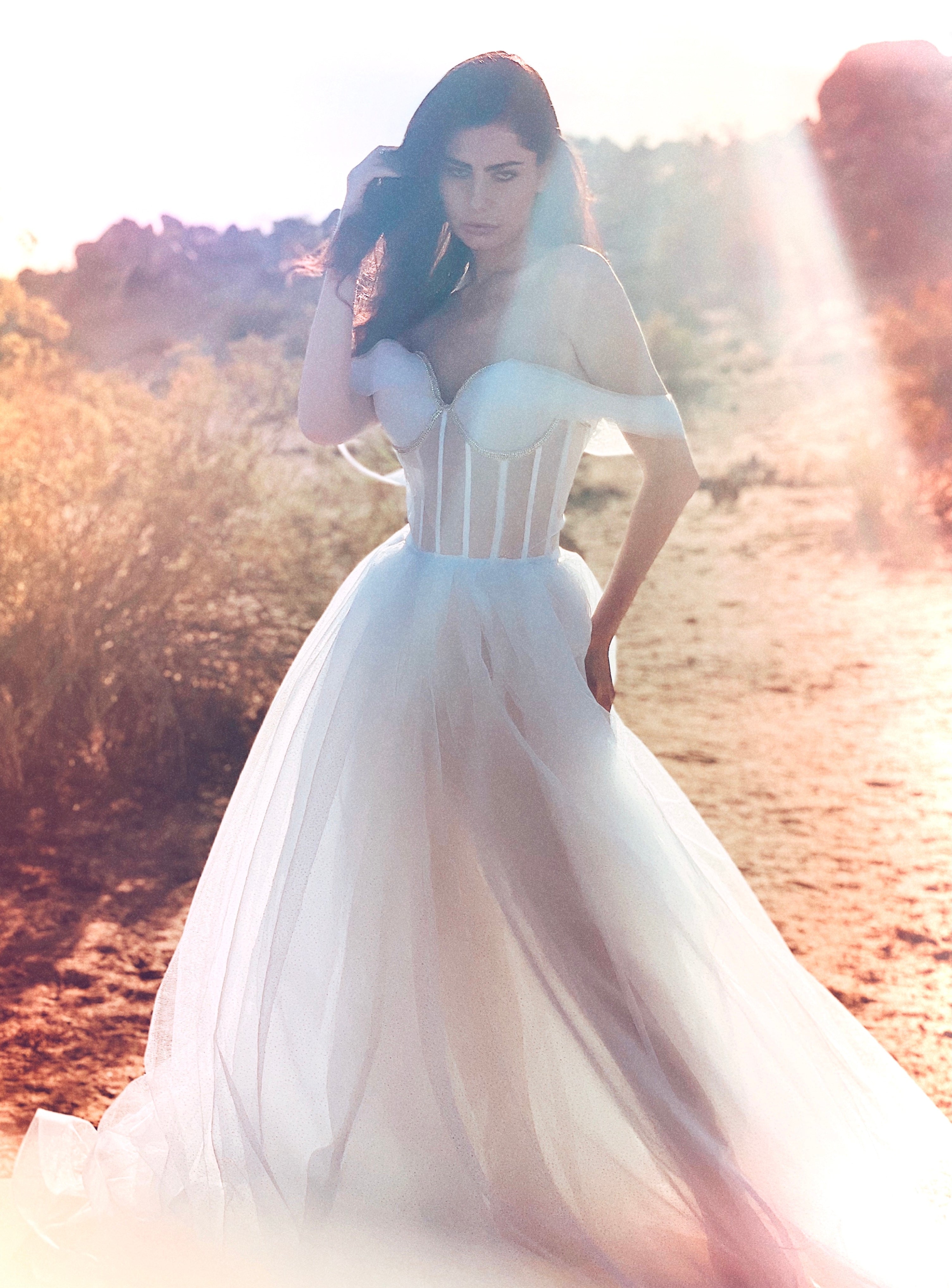 Bustier wedding dress with straps and sparkle skirt