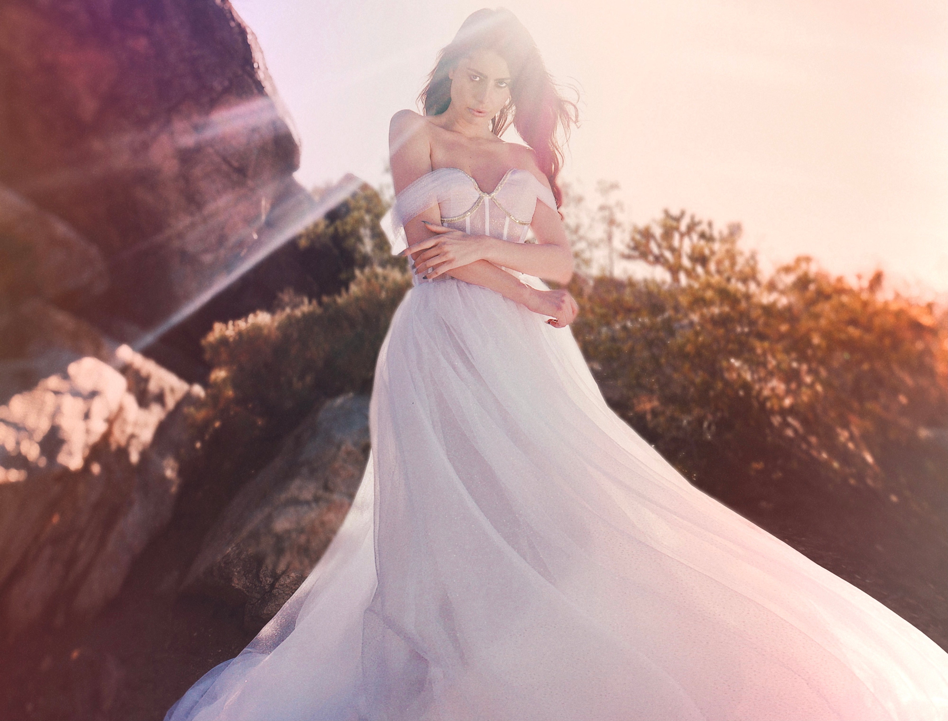 Sparkly corset wedding dress with sleeves and lens flare in background