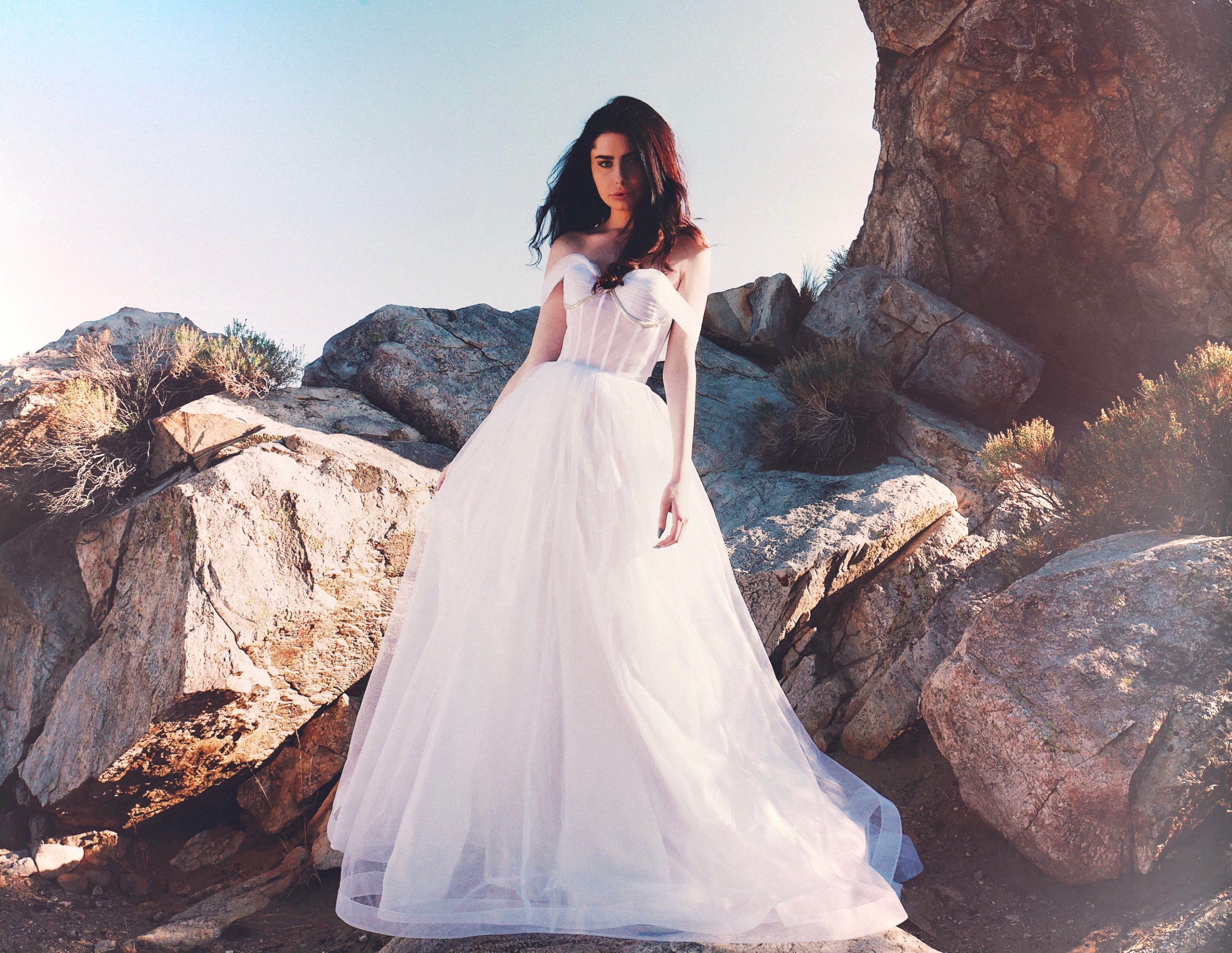 Sparkly white wedding dress shot in front of boulders