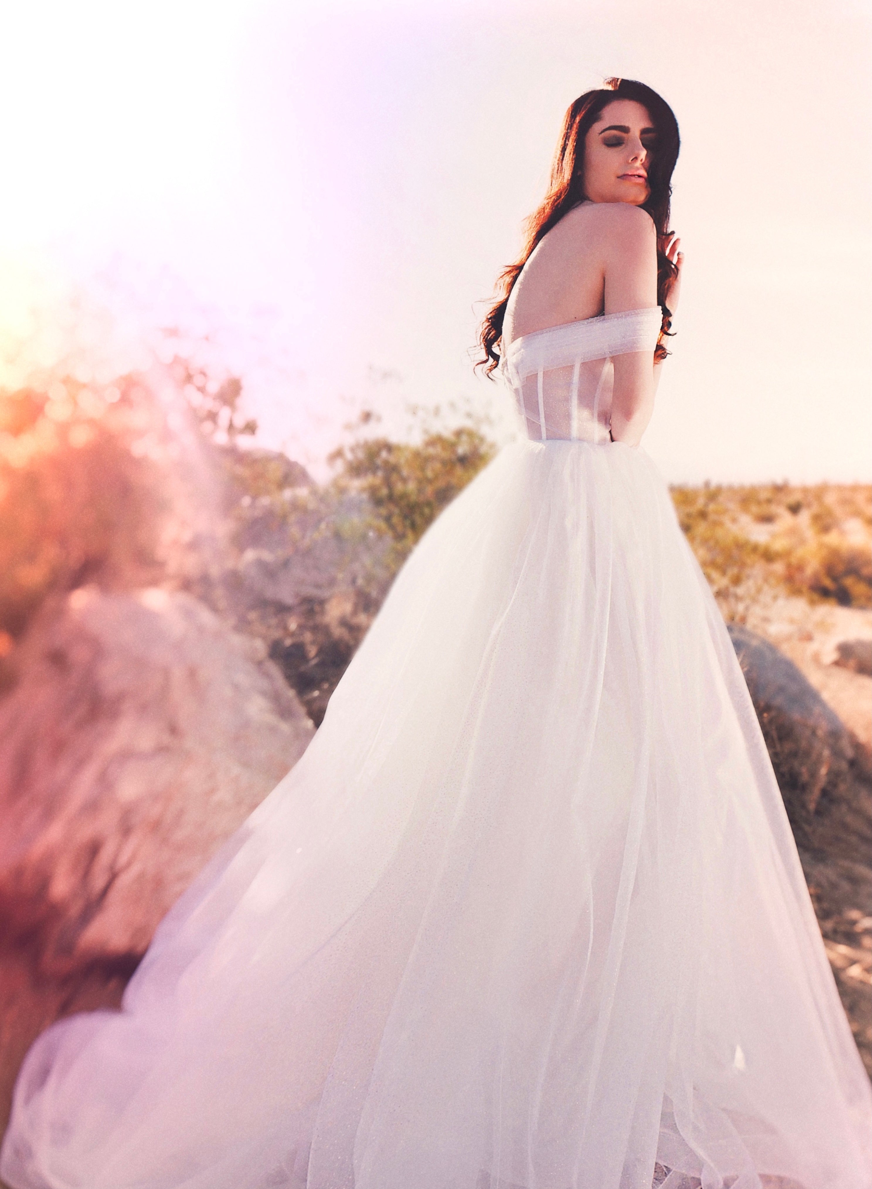 Sparkly organza wedding dress with off the shoulder strap shot at sunset
