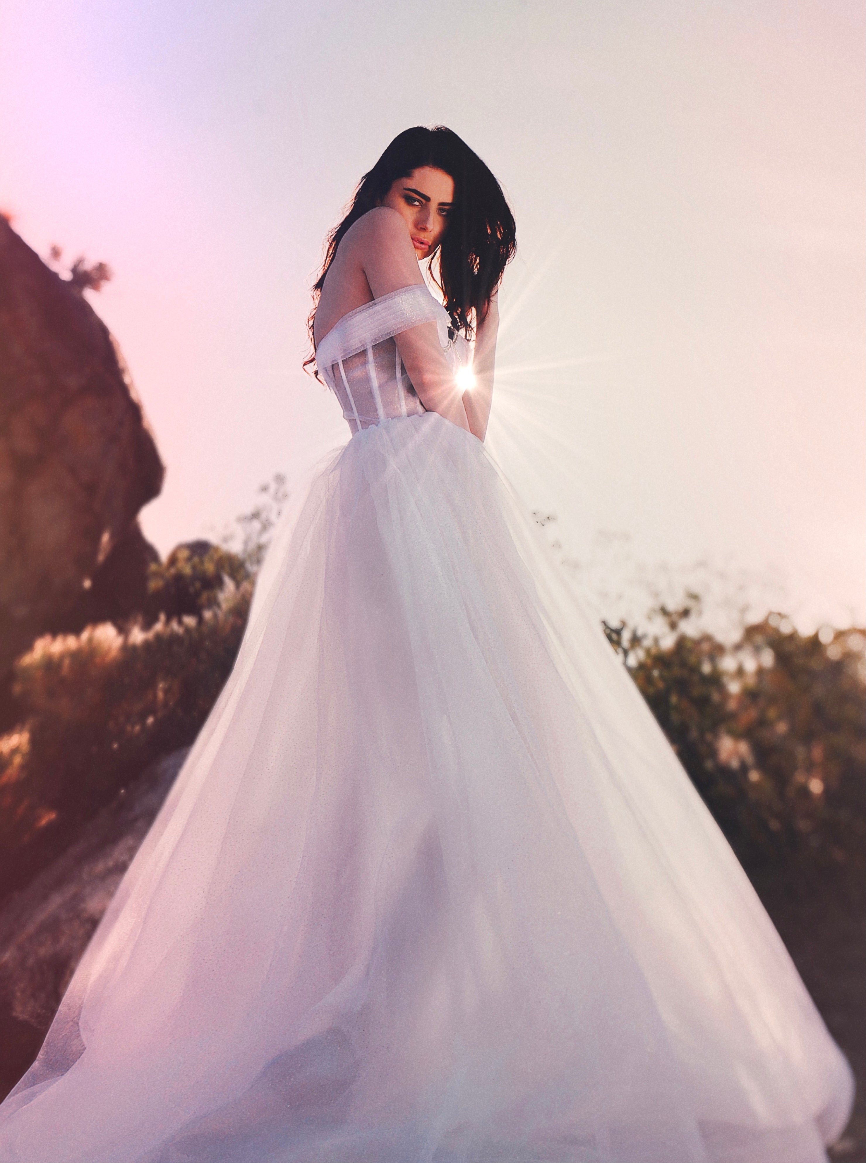 Glitter white wedding dress with off the shoulder strap