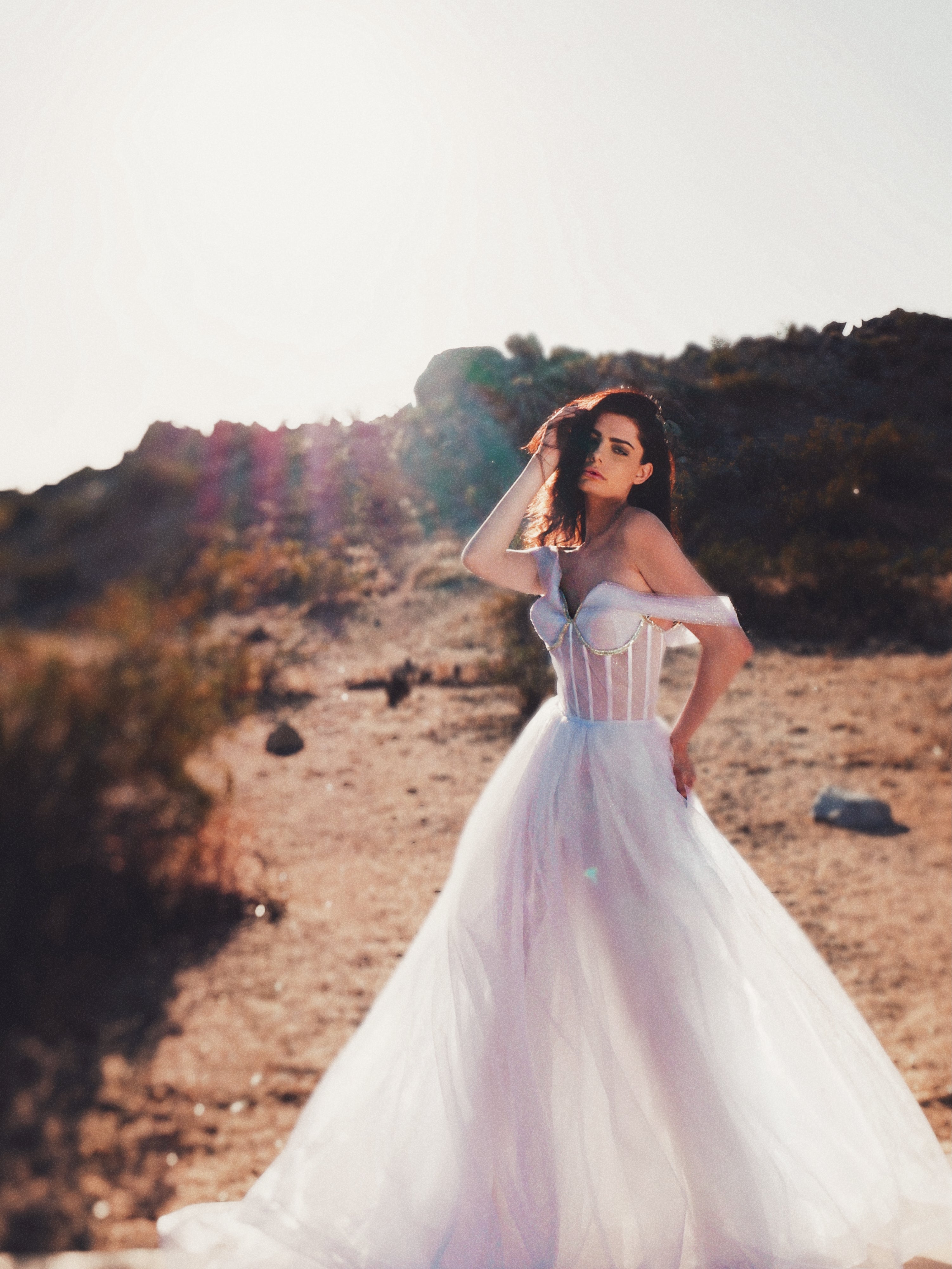 Shimmer tulle wedding dress with illusion skirt shot in desert