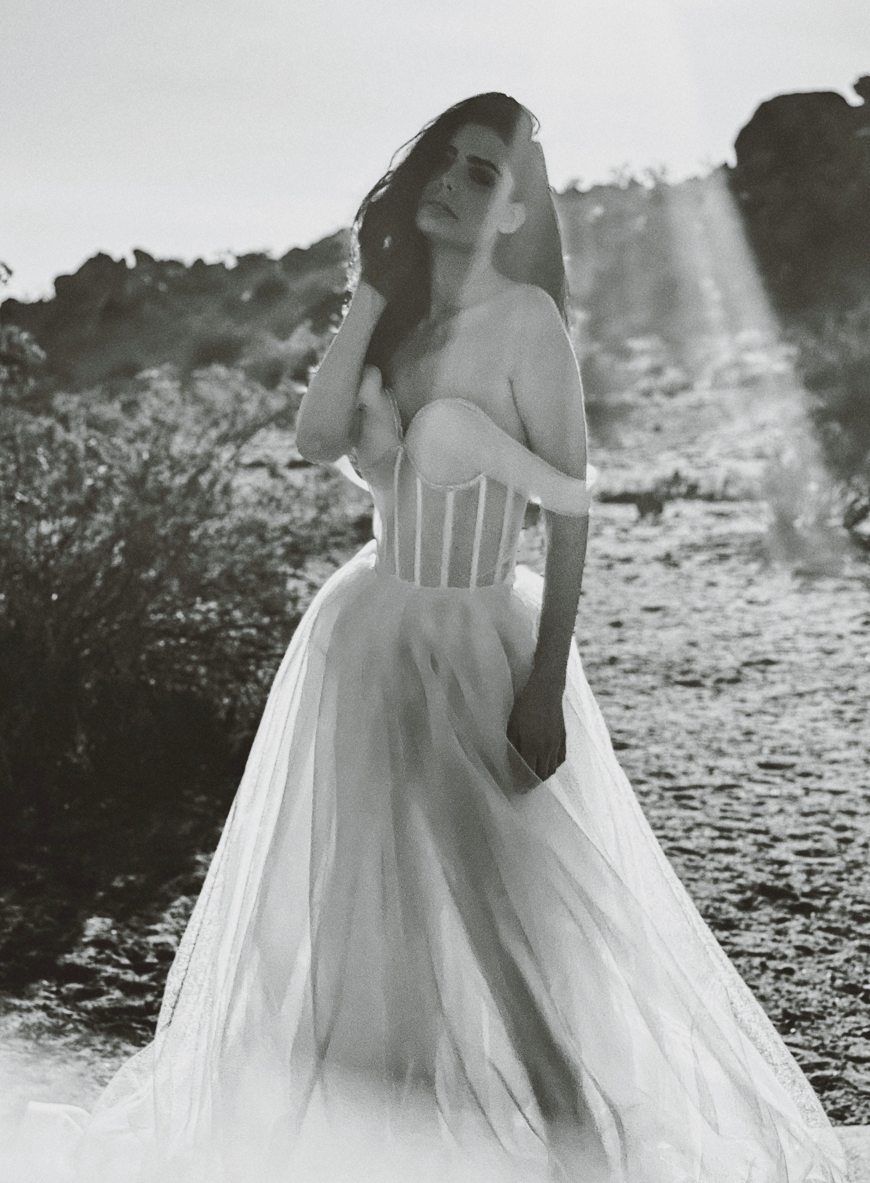 Black and white image of wedding dress with boning 