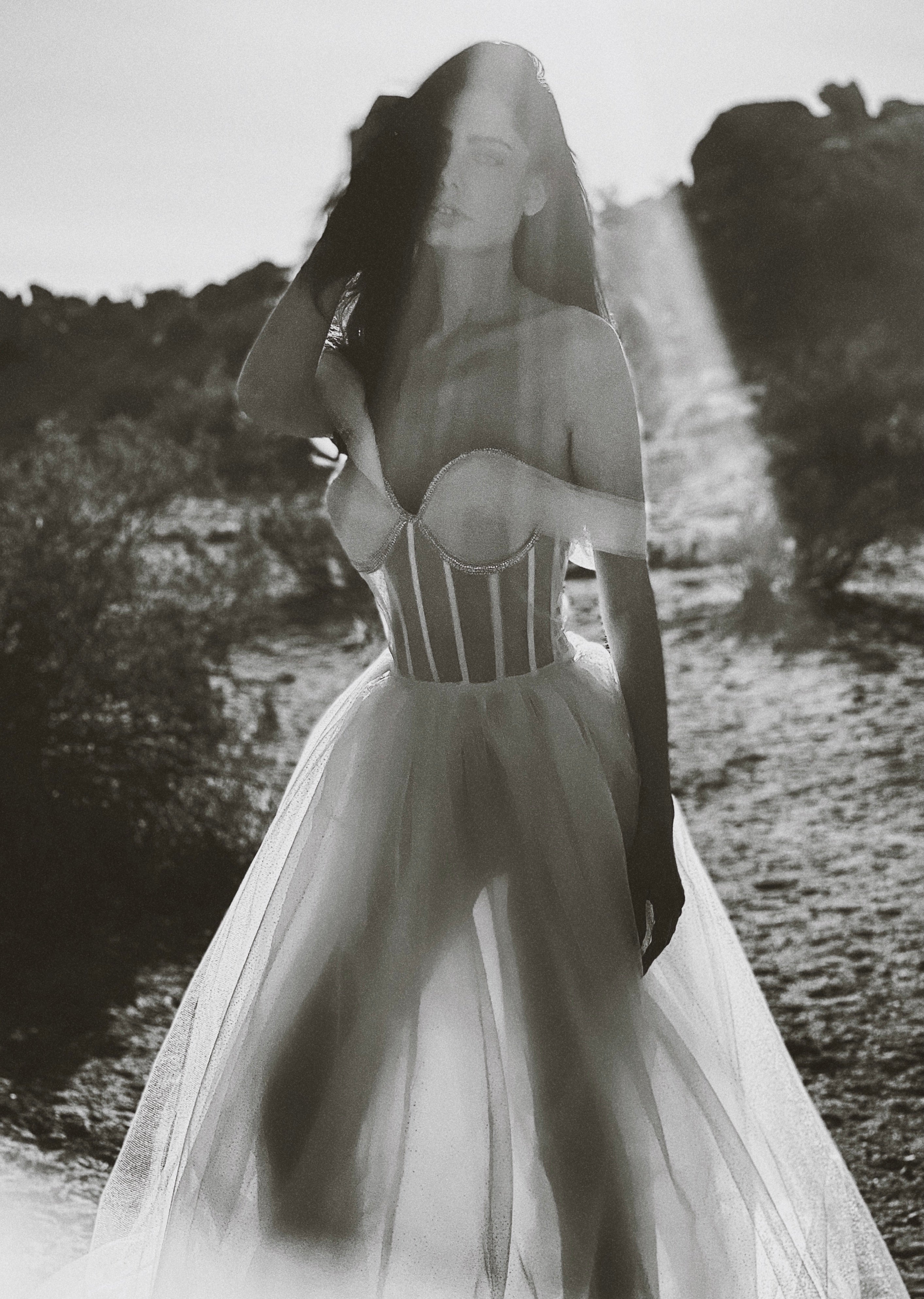 Illusion neckline ball gown wedding dress with sparkle tulle skirt shot in black and white