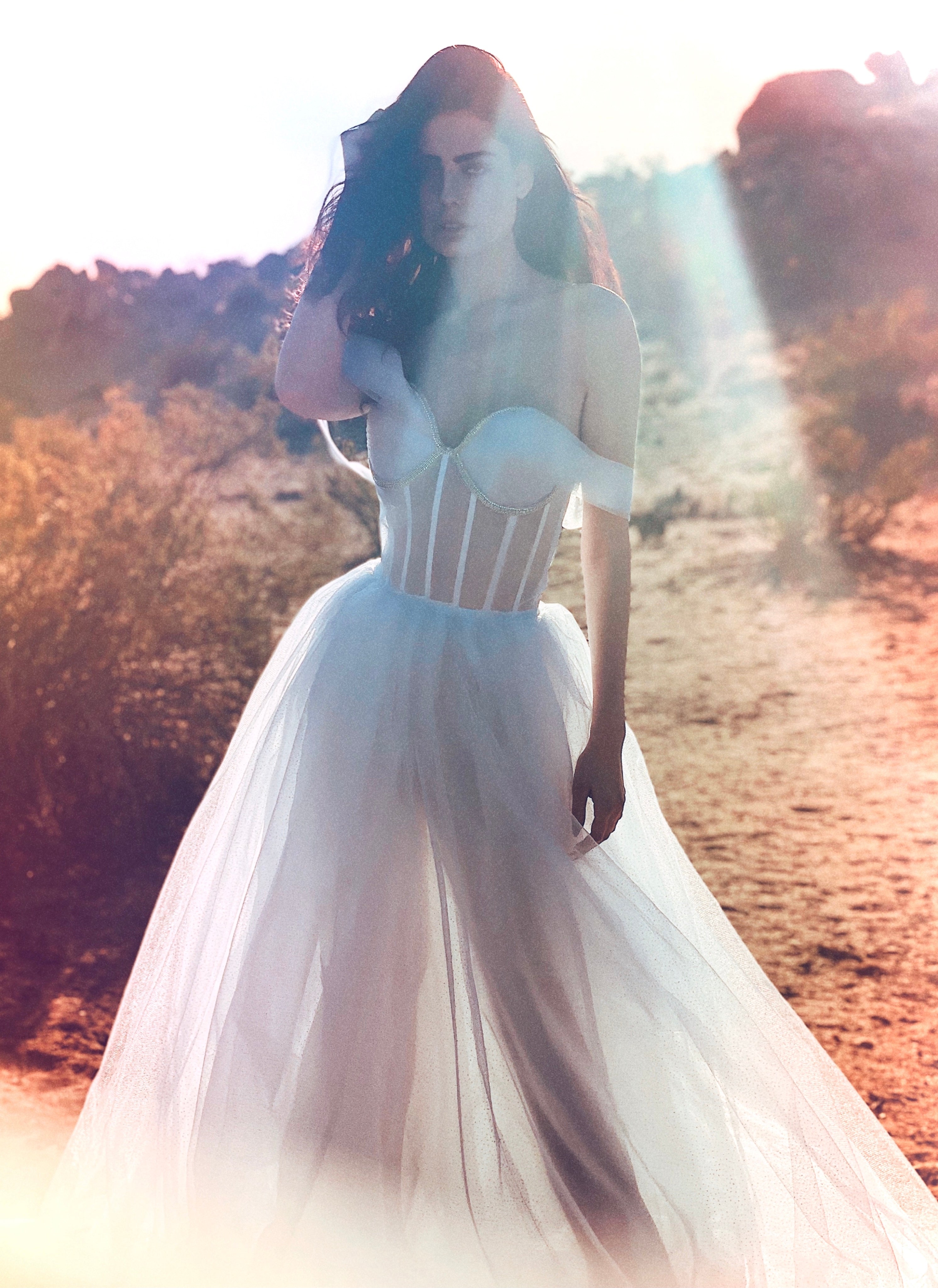 Wedding dress with exposed boning and illusion skirt