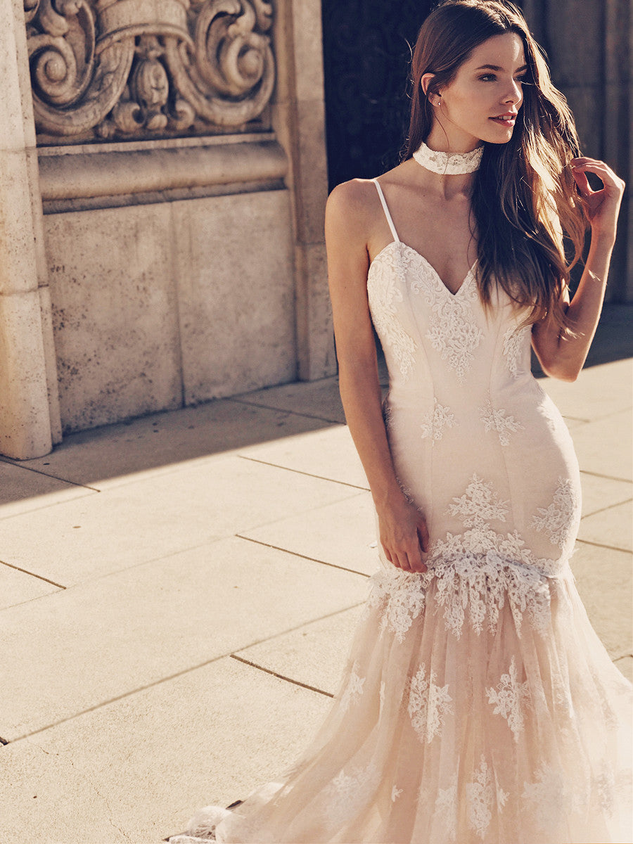 Bohemian blush lace mermaid trumpet wedding gown with 3D flower detailing and sweetheart bodice. Vaile by Lauren Elaine.