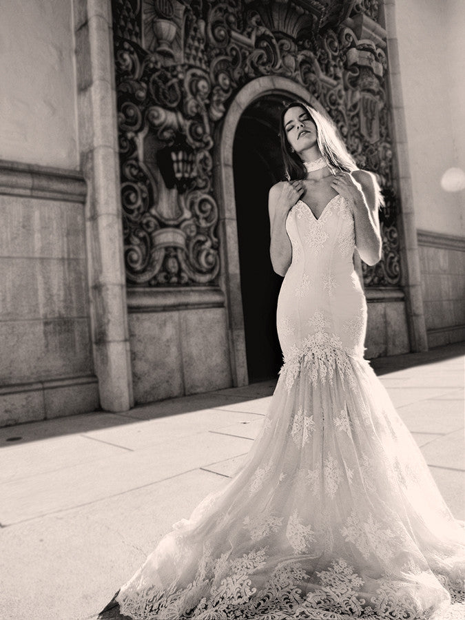 "Vaile" wedding gown by Lauren Elaine with fitted mermaid bodice and shirred lace skirt and train with blushing nude nette underlay and horsehair chiffon underskirts.