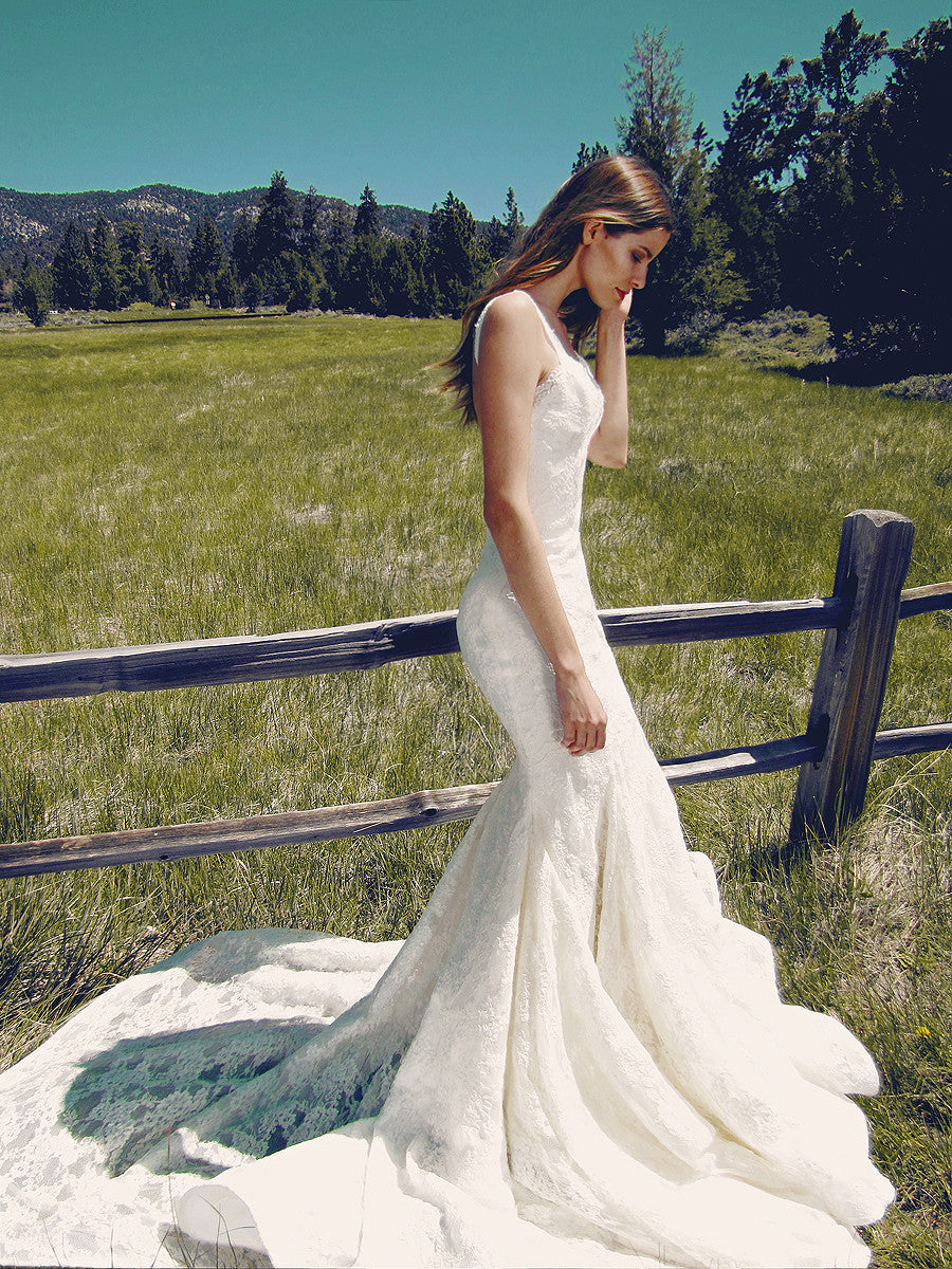 Bohemian lace mermaid trumpet wedding gown by Lauren Elaine Bridal.