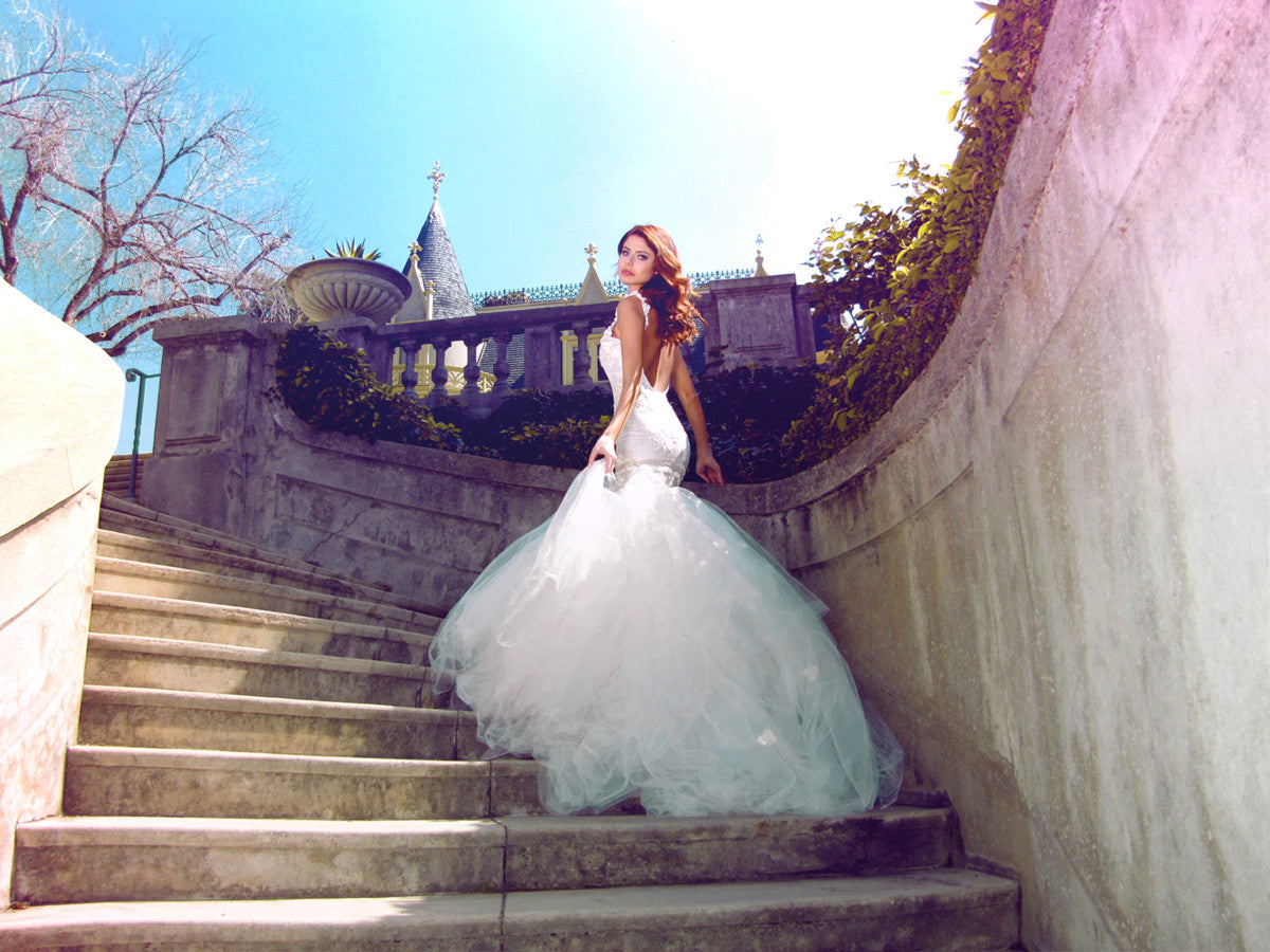 Fairytale wedding dresses by Lauren Elaine Bridal. Wisteria gown. Backless mermaid gown with train.