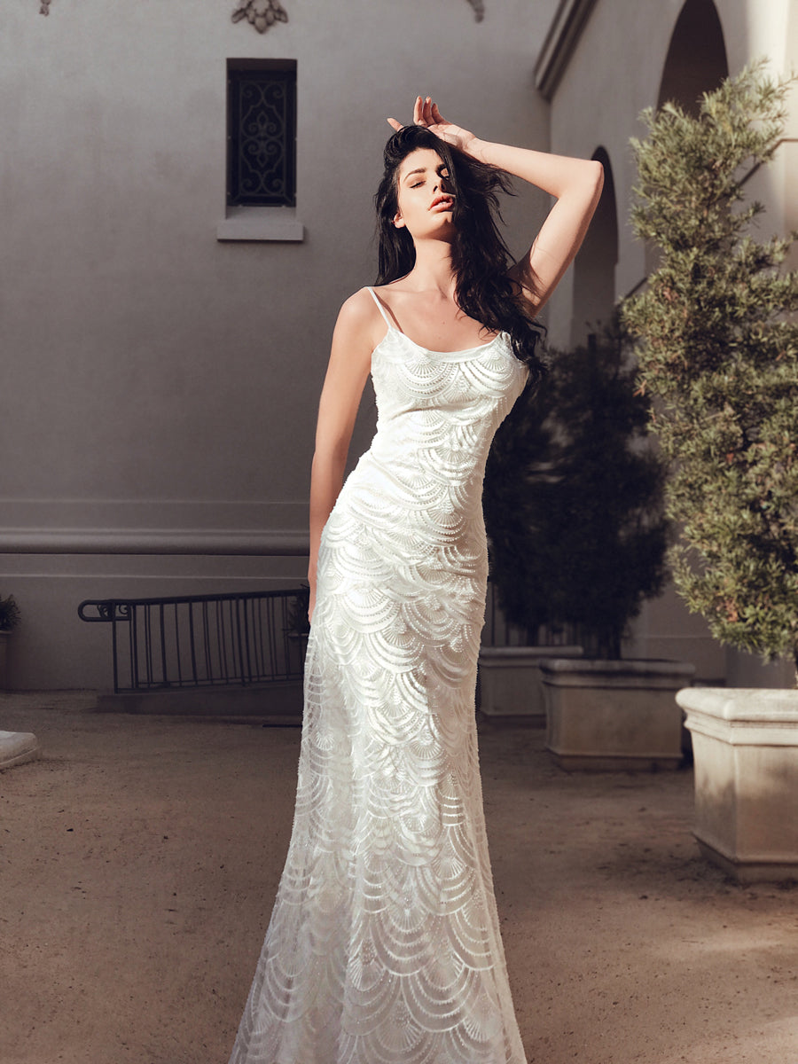 Lauren Elaine "Delphine" art deco-inspired beaded sheath trumpet wedding dress with detachable watteau style train.