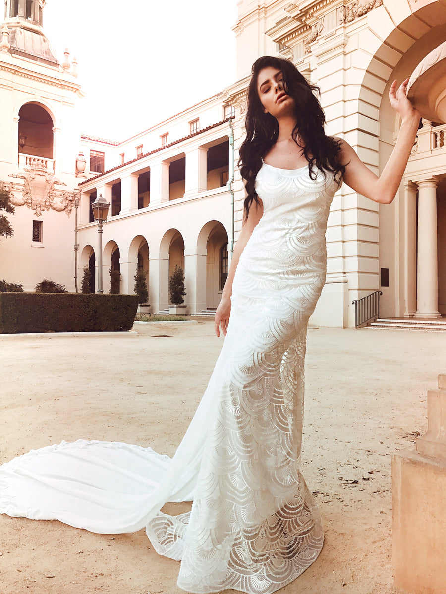 Art deco glass beaded wedding dress with detachable watteau train by Lauren Elaine Bridal