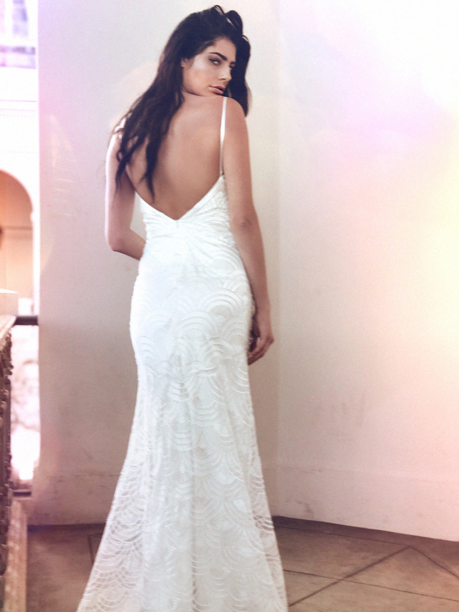 Low back sheath beaded wedding dress with art deco patterning by Lauren Elaine Bridal